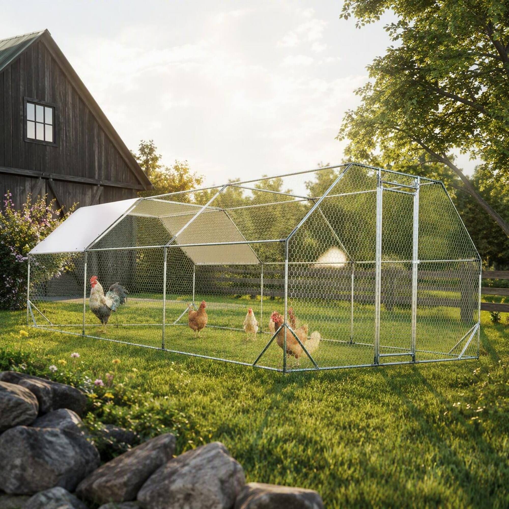 Back. RYHNUYNE - 10x20 ft Galvanized Metal Chicken Coop, Large Walk-in Poultry Run with Waterproof Cover, Outdoor Hen House.