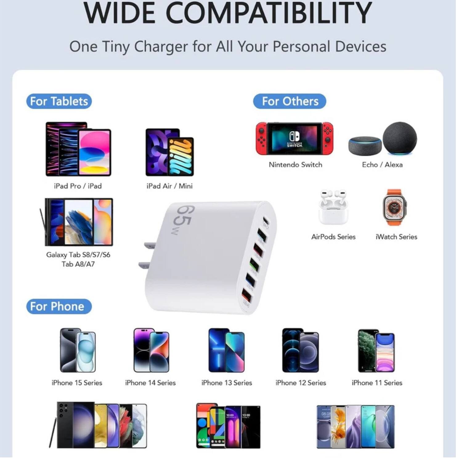 WIDE COMPATIBILITY  
One Tiny Charger for All Your Personal Devices  

For Tablets  
- iPad Pro / iPad  
- iPad Air / Mini  
- Galaxy Tab S8/S7/S6  
- Tab A8/A7  

For Phone  
- iPhone 15 Series  
- iPhone 14 Series  
- iPhone 13 Series  
- iPhone 12 Series  
- iPhone 11 Series  

For Others  
- Nintendo Switch  
- Echo / Alexa  
- AirPods Series  
- iWatch Series