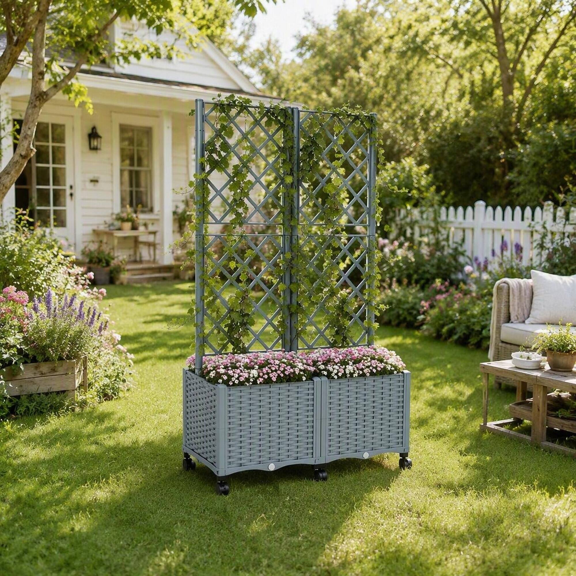 Alt View 1. RYHNUYNE - Gray Mobile Raised Garden Bed with Trellis, Self-Watering Planter Box on Wheels with Brakes for Patio and Balcony - Gray.