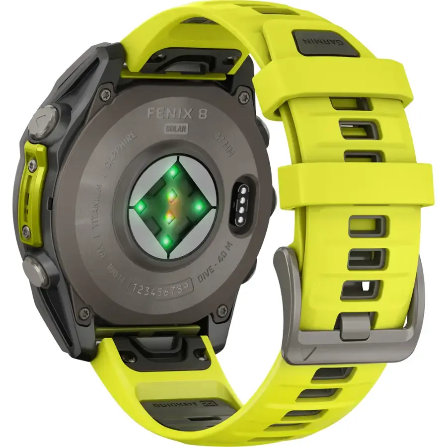 The text on the image reads: "GARMIN FENIX 8 SOLAR 47 SAPPHIRE WIN -- TITANIC - M WR 40 100 M DIVE -40M DIVE  123456789 OUIGKFIT dA7."