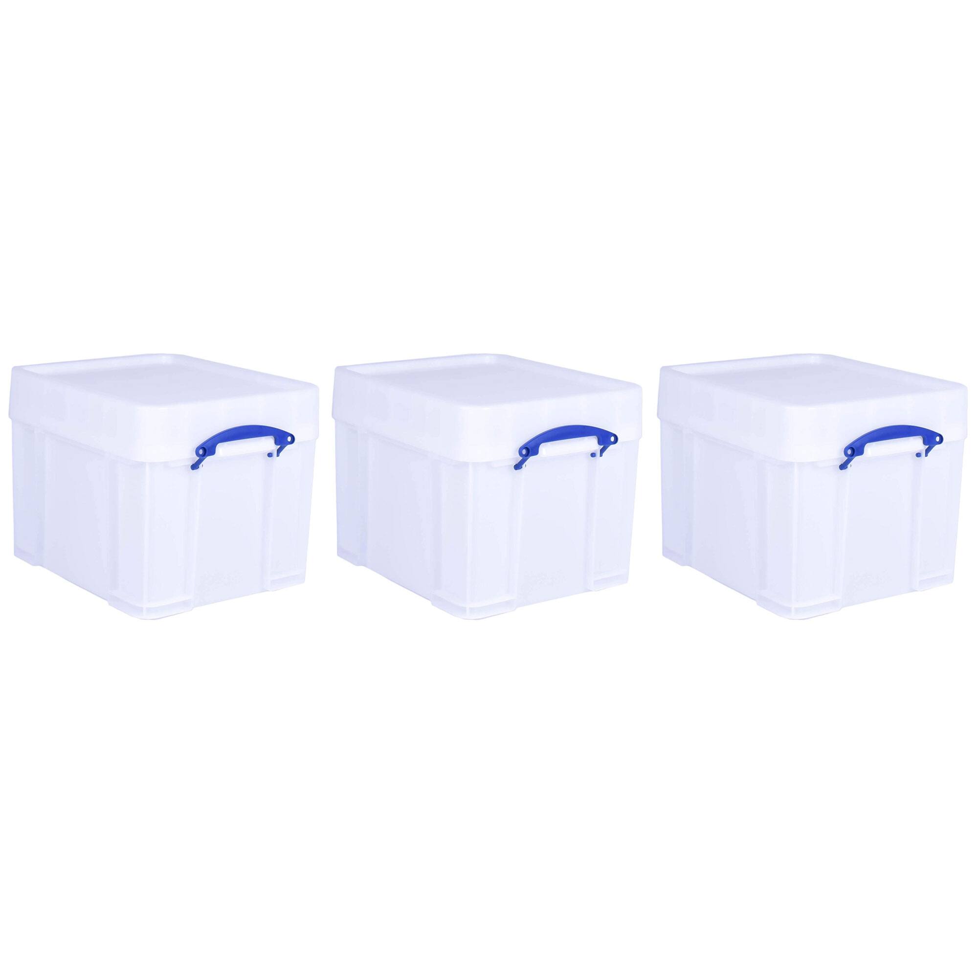Front. Really Useful Box - Really Useful Box 35 Liter Extra Strong Plastic Storage Box with XL Lid, 3 Pack - White.