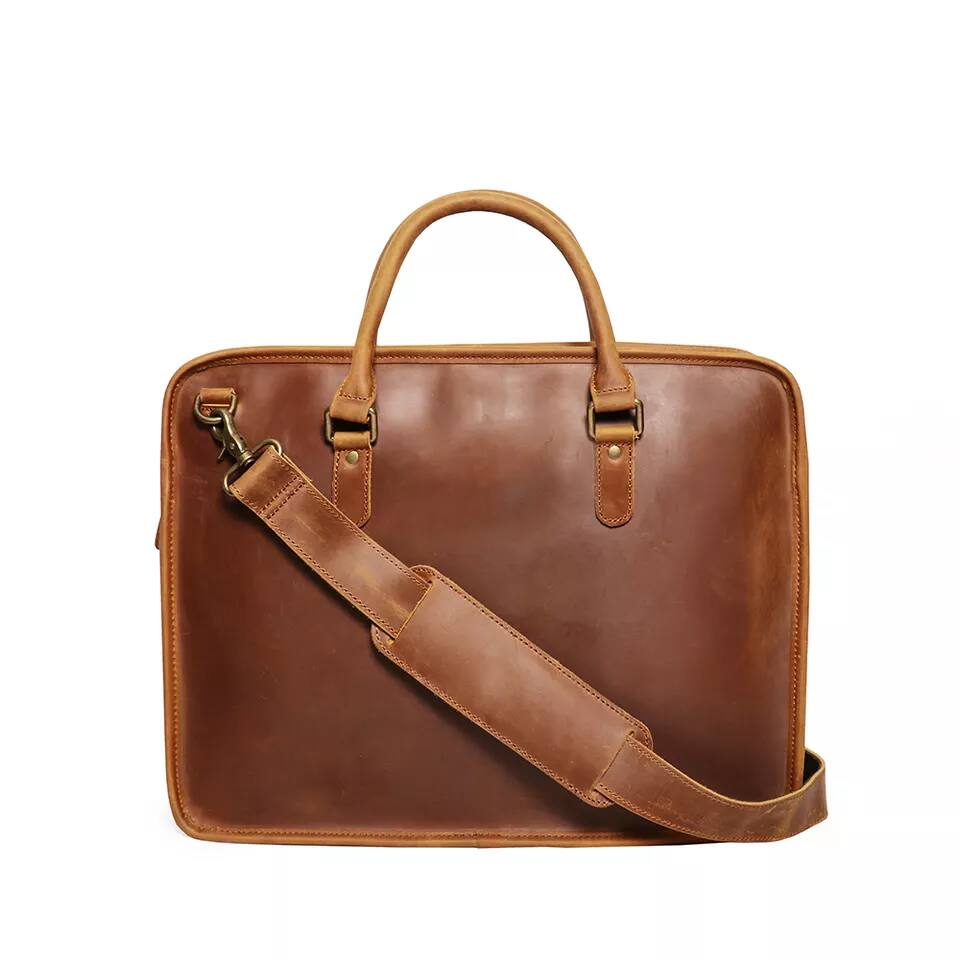 Angle. Steel Horse Leather - The Hemming Leather Laptop Bag | Vintage Leather Briefcase - Brown.