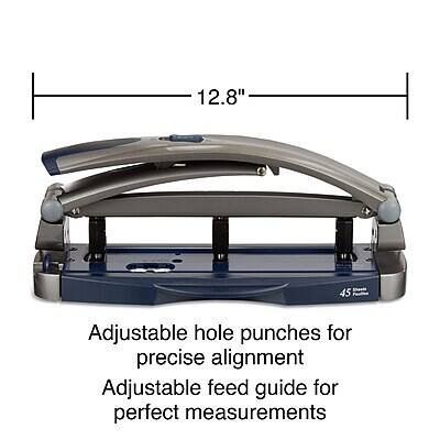 12.8"  
45 Adjustable hole punches for precise alignment  
Adjustable feed guide for perfect measurements