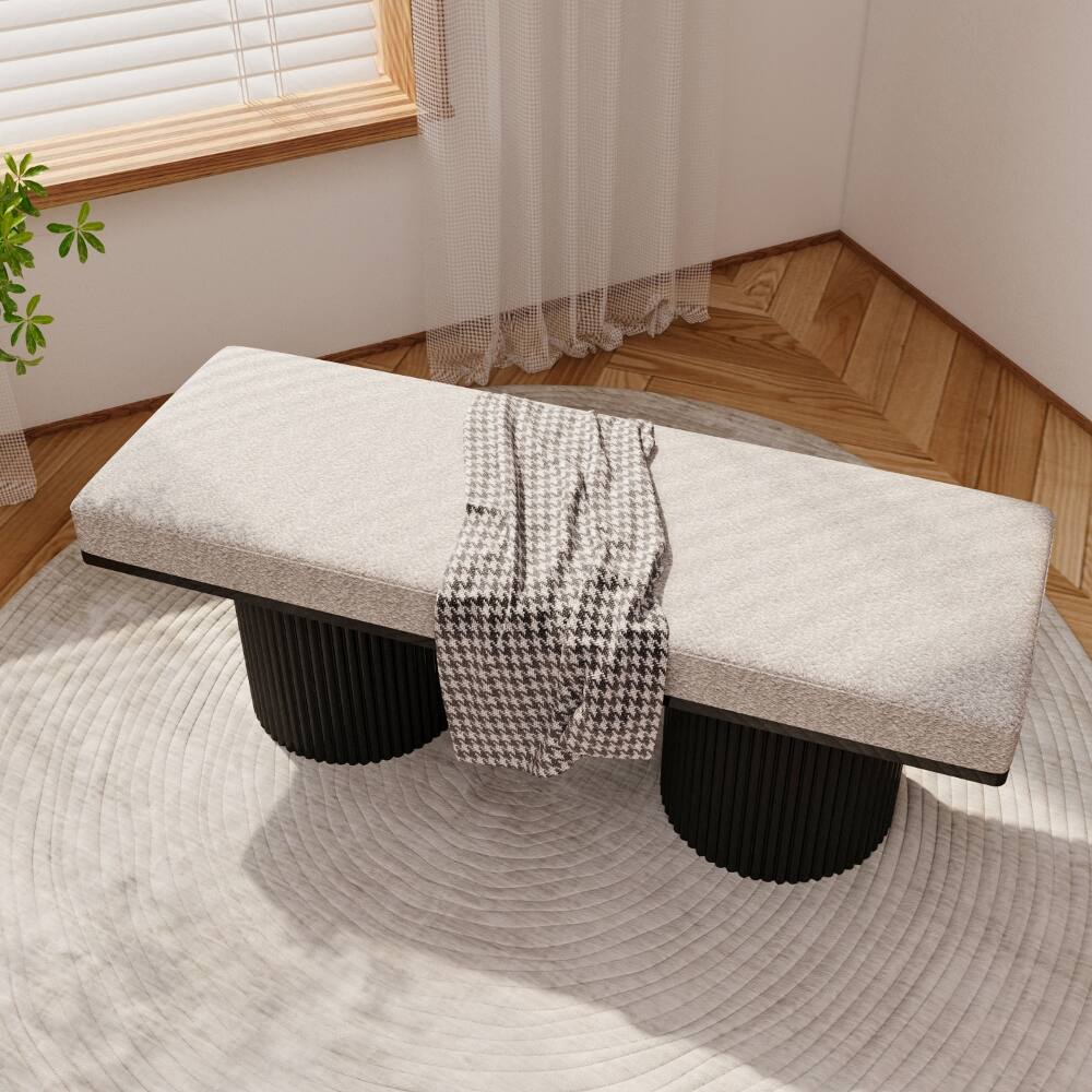 Back. Ropilly - Ropilly Light Grey Boucle Upholstered Bed End Bench with Black Chunky Legs, Contemporary Entryway Seating - Light Grey.