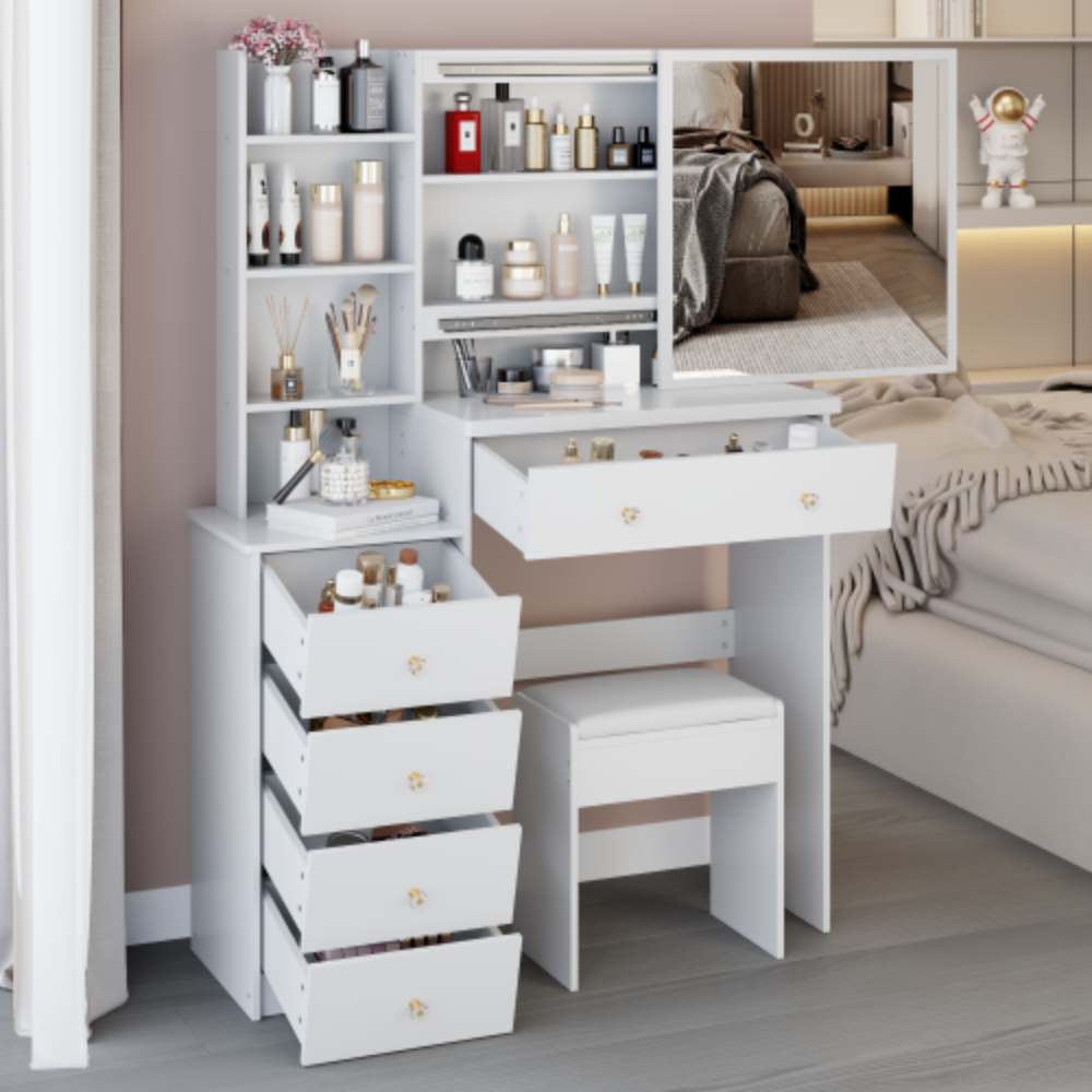 Left. LUCKY ONE - 37in Freestanding Vanity Set with Sliding Mirror, Stool and Multi-Layer Storage for Bedroom - White.