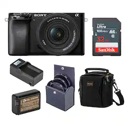 Bundle - Sony - Alpha a6100 Mirrorless Camera w/E PZ 16-50mm f/3.5-5.6 OSS II Lens, Black with 32GB Memory Card, Shoulder