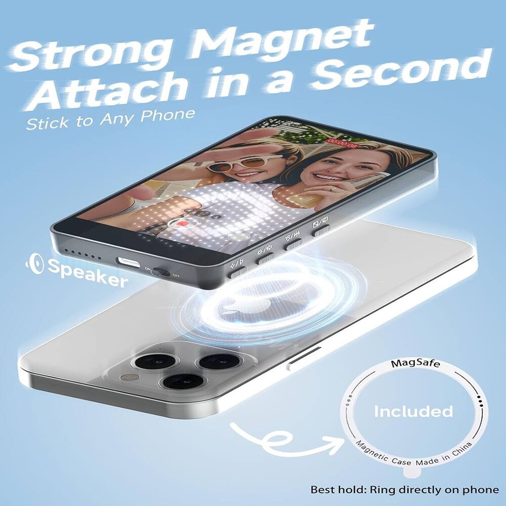 Strong Magnet  
Attach in a Second  
Stick to Any Phone  

Speaker  

MagSafe Included  
Magnetic Case Made in China  

Best hold: Ring directly on phone