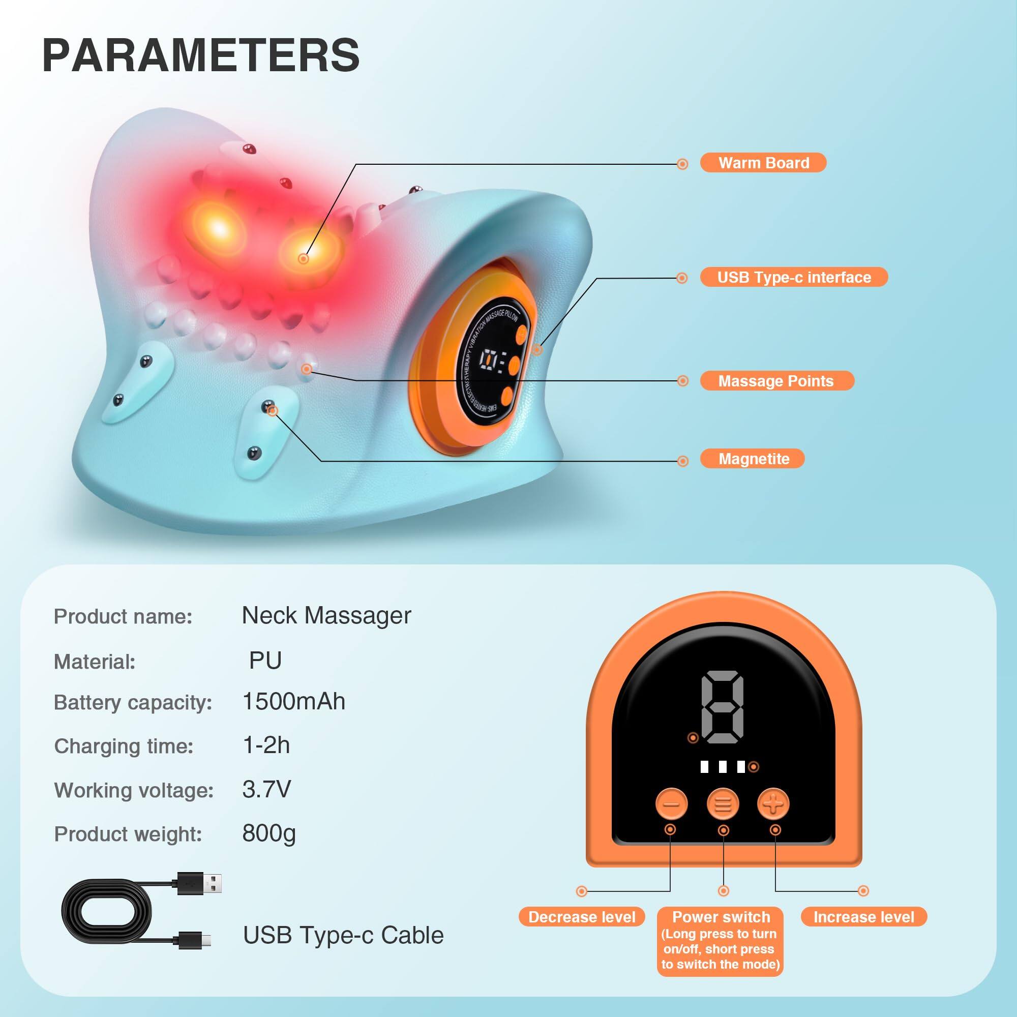 **PARAMETERS**

- **Warm Board**
- **USB Type-c Interface**
- **Massage Points**
- **Magnetite**

---

- **Product name:** Neck Massager
- **Material:** PU
- **Battery capacity:** 1500mAh
- **Charging time:** 1-2h
- **Working voltage:** 3.7V
- **Product weight:** 800g

---

- **USB Type-c Cable**

---

- **Decrease level**
- **Power switch** (Long press to turn on/off, short press to switch the mode)
- **Increase level**
