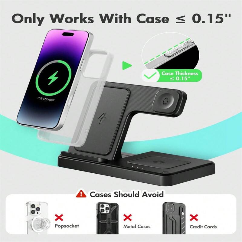 Only Works With Case ≤ 0.15"  
Case Thickness ≤ 0.15"  
75% Charged  

Cases Should Avoid  
Popsocket  
Metal Cases  
Credit Cards