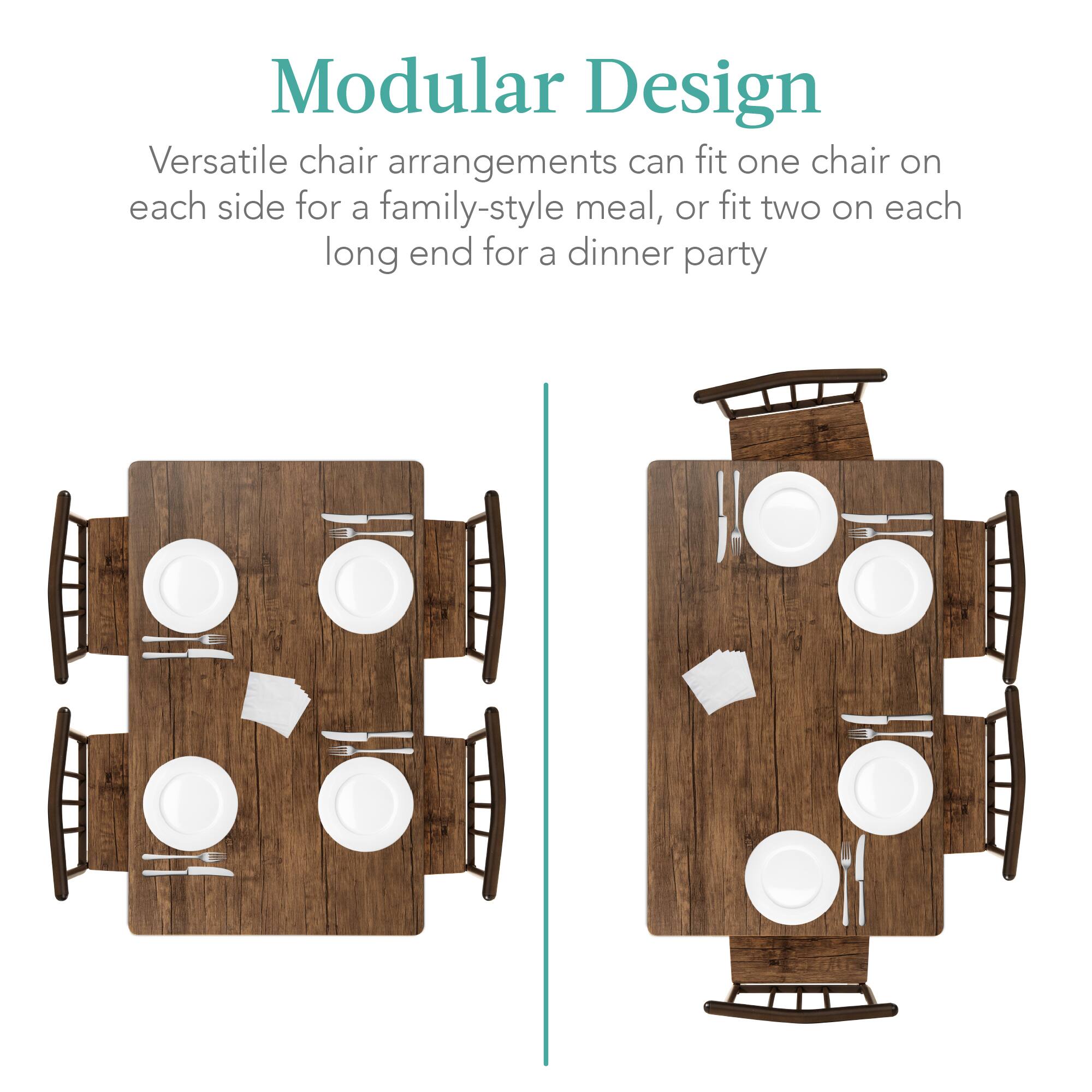 Modular Design

Versatile chair arrangements can fit one chair on each side for a family-style meal, or fit two on each long end for a dinner party