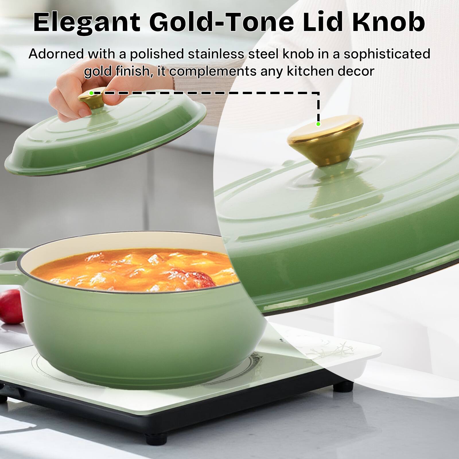 Elegant Gold-Tone Lid Knob

Adorned with a polished stainless steel knob in a sophisticated gold finish, it complements any kitchen decor.