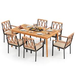 Gymax - Set Of 7 Patio Acacia Wood Dining Set w/ Soft Seat Cushions Umbrella Hole Outdoor - Natural, Black