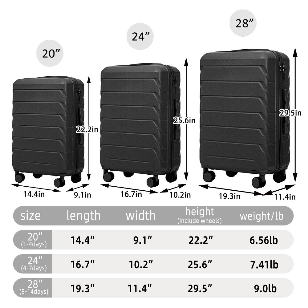 20"  
24"  
28"  
22.2in  
25.6in  
29.5in  
14.4in  
9.1in  
16.7in  
10.2in  
19.3in  
11.4in  
size 20" (1-4days)  
length 14.4"  
width 9.1"  
height 22.2" (include wheels) 6.56lb  
24" (4-7days)  
28" (8-14days)  
16.7"  
10.2"  
19.3"  
11.4"  
25.6"  
29.5"  
7.41lb  
9.0lb