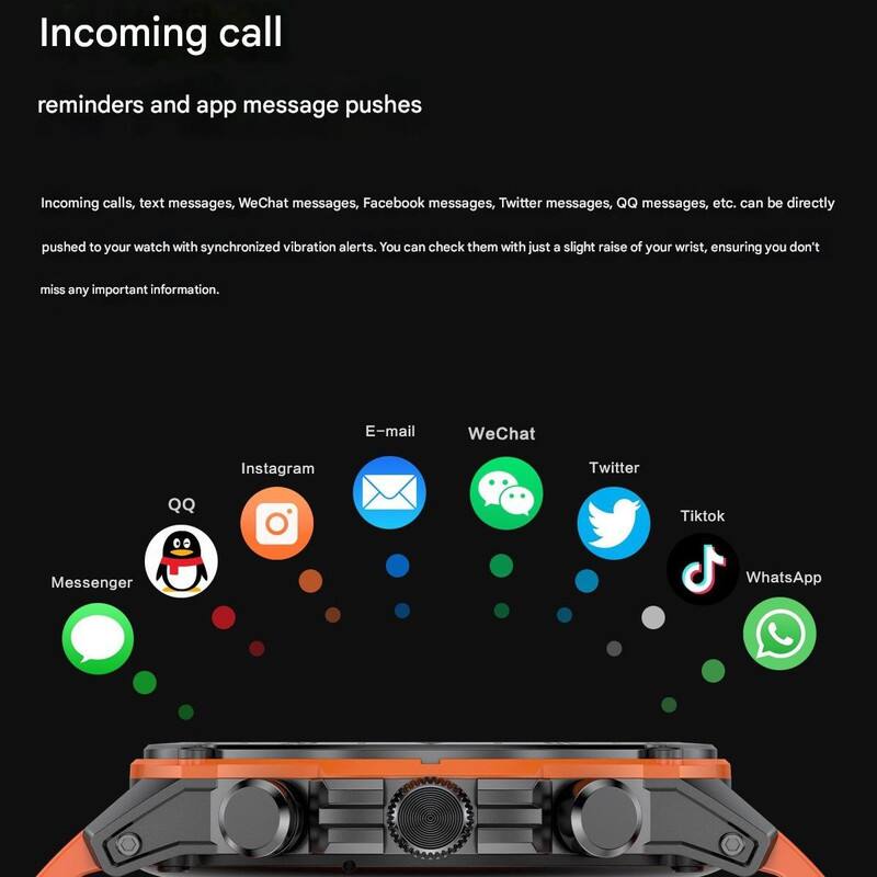 Incoming call reminders and app message pushes

Incoming calls, text messages, WeChat messages, Facebook messages, Twitter messages, QQ messages, etc. can be directly pushed to your watch with synchronized vibration alerts. You can check them with just a slight raise of your wrist, ensuring you don't miss any important information.

E-mail  
WeChat  
Instagram  
Twitter  
QQ  
Tiktok  
Messenger  
WhatsApp