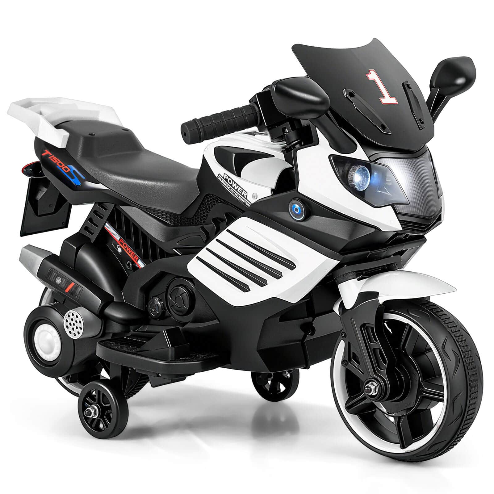 Costway - 6V Kids Motorcycle with Music, Horn, Detachable Training Wheels & LED Headlights - White