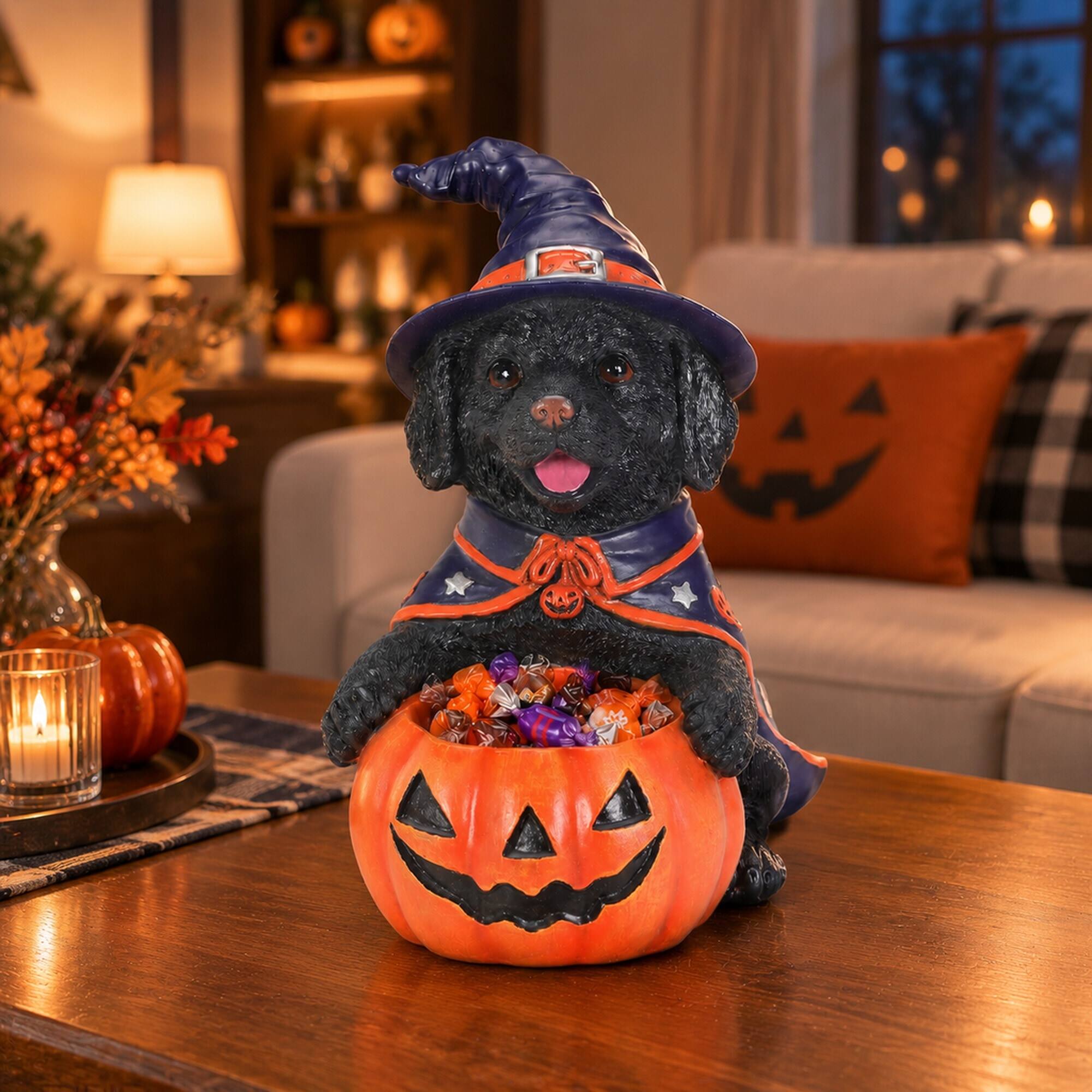 Left. RYHNUYNE - Halloween Black Labrador Witch Puppy Figurine with Pumpkin Candy Bowl, Resin Dog Decor for Shelf, Mantel - Red.