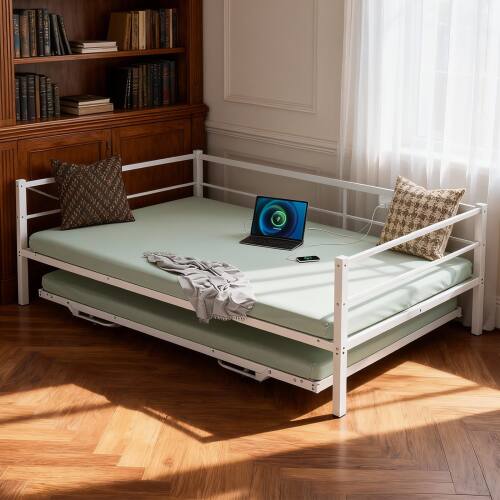 Alt View 4. Winado - Full Size Metal Daybed with Pop Up Trundle Full Day Bed Sofa Platform Bed with LED Lights and Charging Station - White.