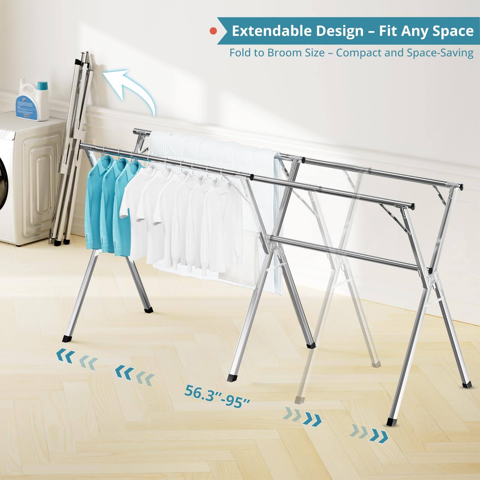 Extendable Design - Fit Any Space  
Fold to Broom Size - Compact and Space-Saving  
56.3" - 95"
