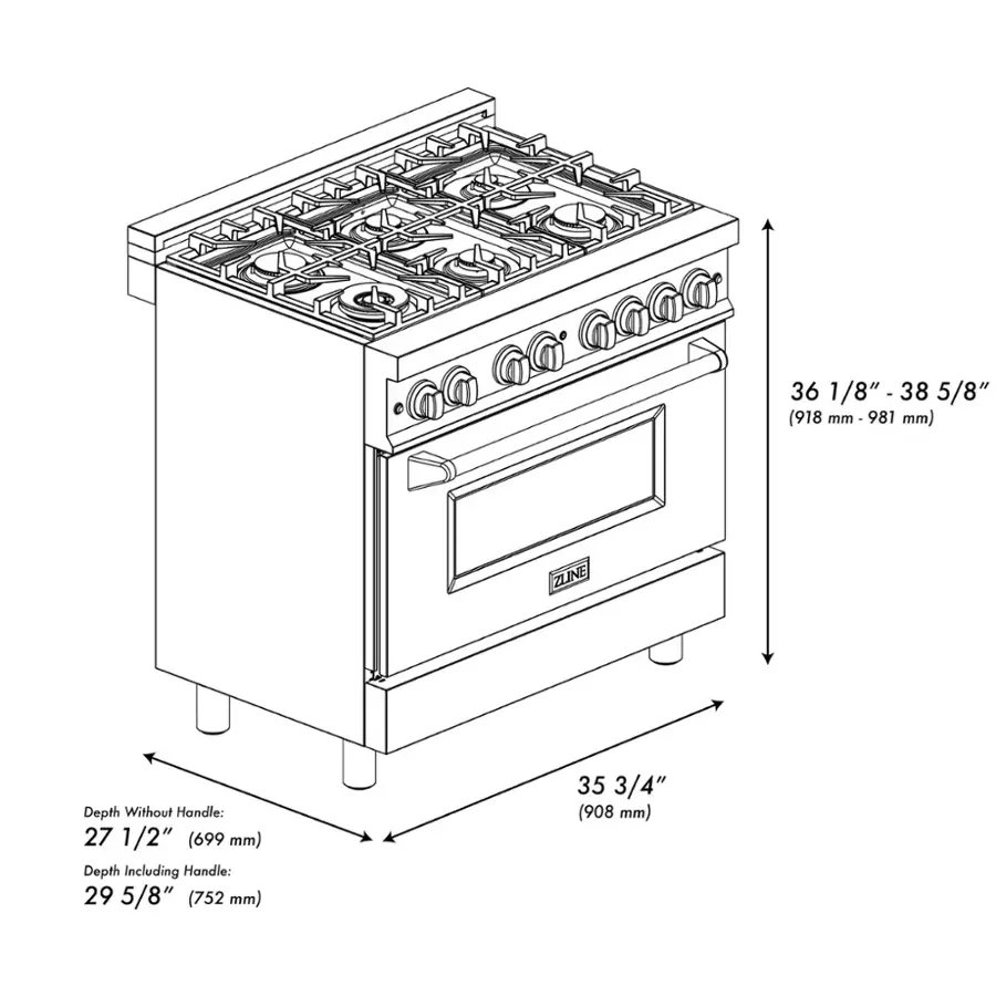 The image shows a stove with a range top and oven. The stove is 36 1/8" (918 mm) deep without the handle and 29 5/8" (752 mm) deep including the handle. The oven is 35 3/4" (908 mm) deep.
