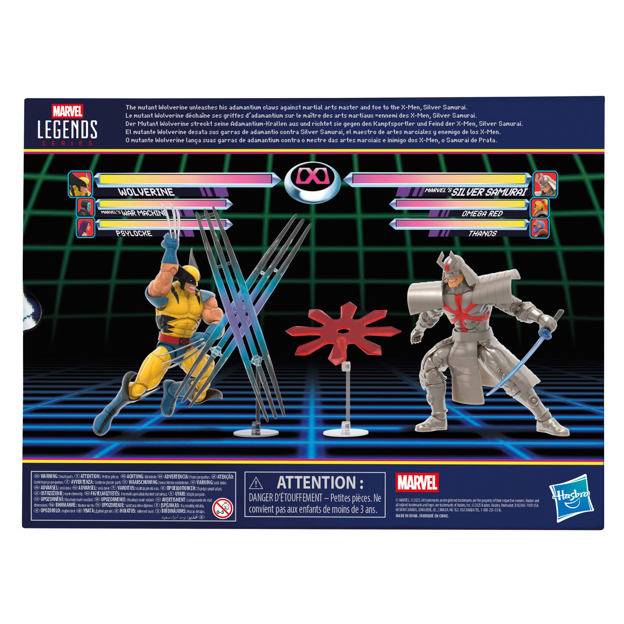 **MARVEL LEGENDS**

The mutant Wolverine unleashes his adamantium claws against martial arts master and foe to the X-Men, Silver Samurai.  
Le mutant Wolverine déchaine ses griffes d'adamantium sur le maître des arts martiaux et ennemi des X-Men, Silver Samurai.  
Der Mutant Wolverine streckt seine Adamantium-Krallen aus und richtet sie gegen den Kampfsportler und Feind der X-Men, Silver Samurai.  
El mutante Wolverine desata sus garras de adamantio sobre Silver Samurai, el maestro de artes marciales y enemigo de los X-Men.  
O mutante Wolverine lana suas garras de adamantium contra o mestre das artes marciais e inimigo dos X-Men, Samurai de Prata.

**WOLVERINE**  
MARVEL  
WAR MACHINE  
PSYLOCKE

**SILVER SAMURAI**  
MARVEL  
OMEGA RED  
THANOS

**ATTENTION:**  
DANGER D'ÉTOUFFEMENT - Petites pièces. Ne convient pas aux enfants de moins de 3 ans.  
ATENCIÓN:  
DANGER D'ÉTOUFFEMENT - Pet