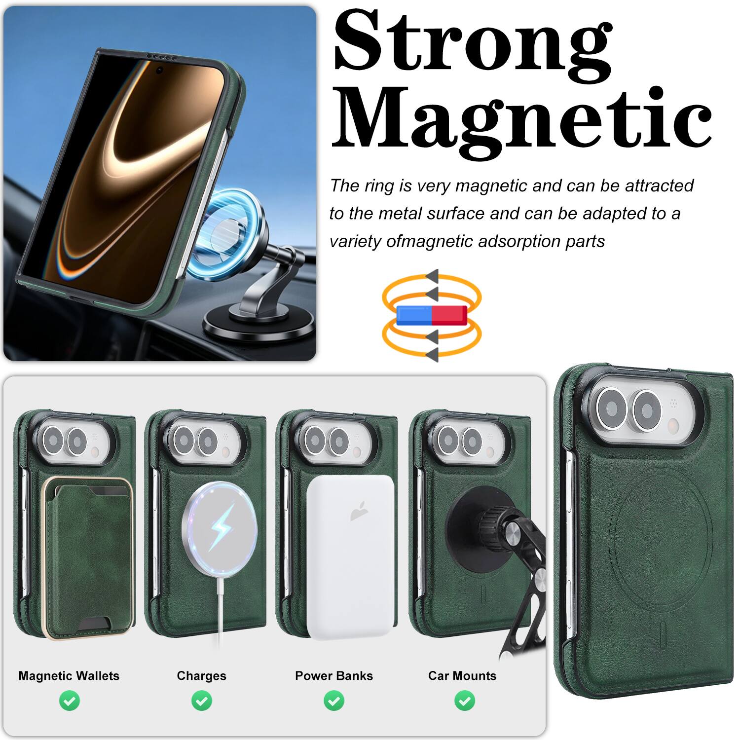 Strong Magnetic
The ring is very magnetic and can be attracted to the metal surface and can be adapted to a variety of magnetic adsorption parts

Magnetic Wallets
Charges
Power Banks
Car Mounts