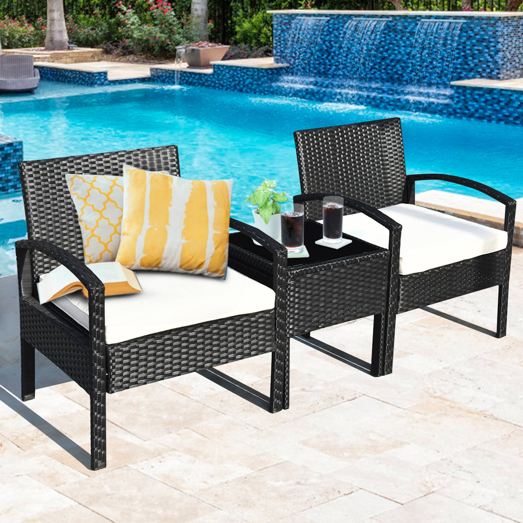 Alt View 2. Gymax - Gymax 3PCS Patio Rattan Furniture Set Conversation Sofa Cushioned Coffee Table Garden - Black.