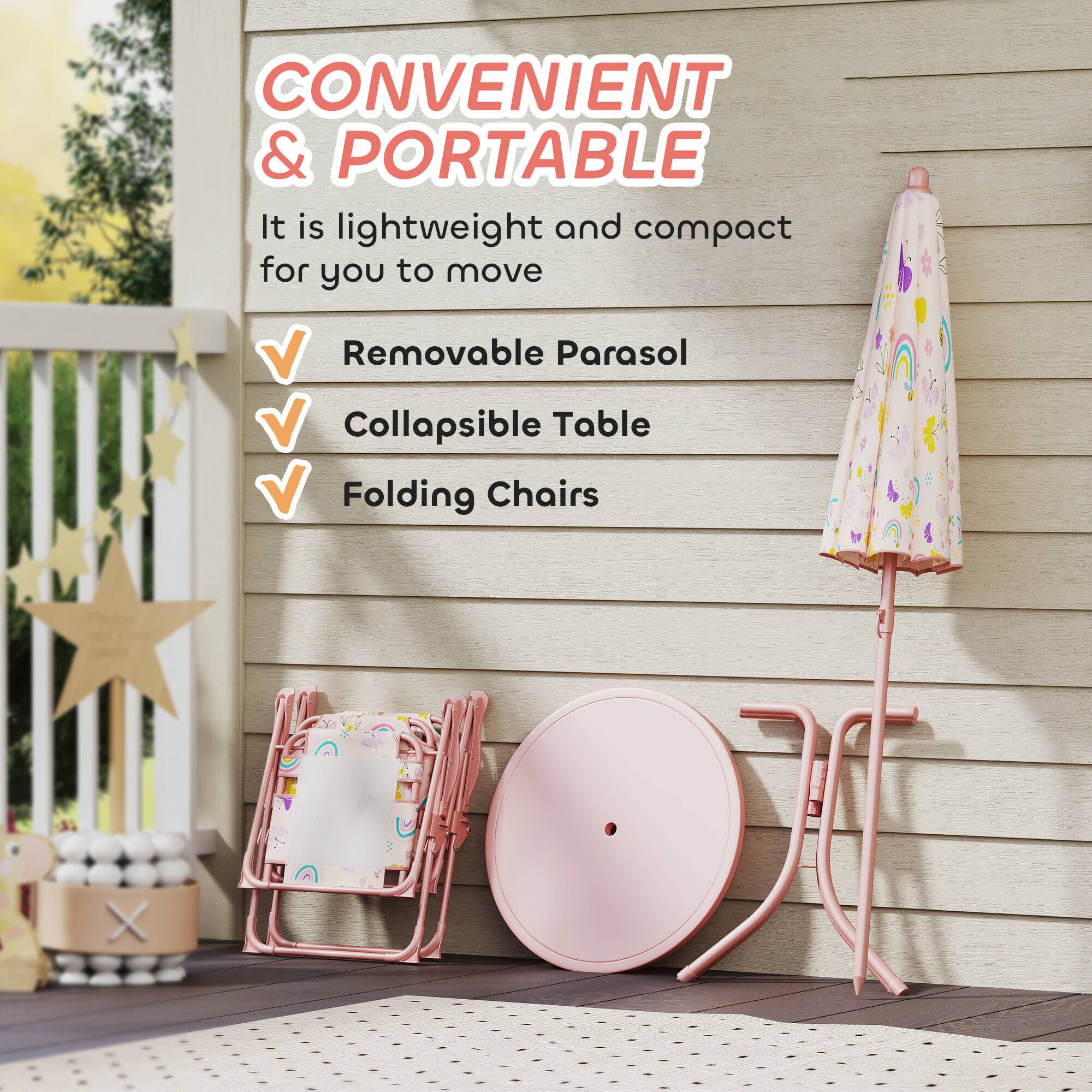 CONVENIENT & PORTABLE  
It is lightweight and compact for you to move  
✓ Removable Parasol  
✓ Collapsible Table  
✓ Folding Chairs