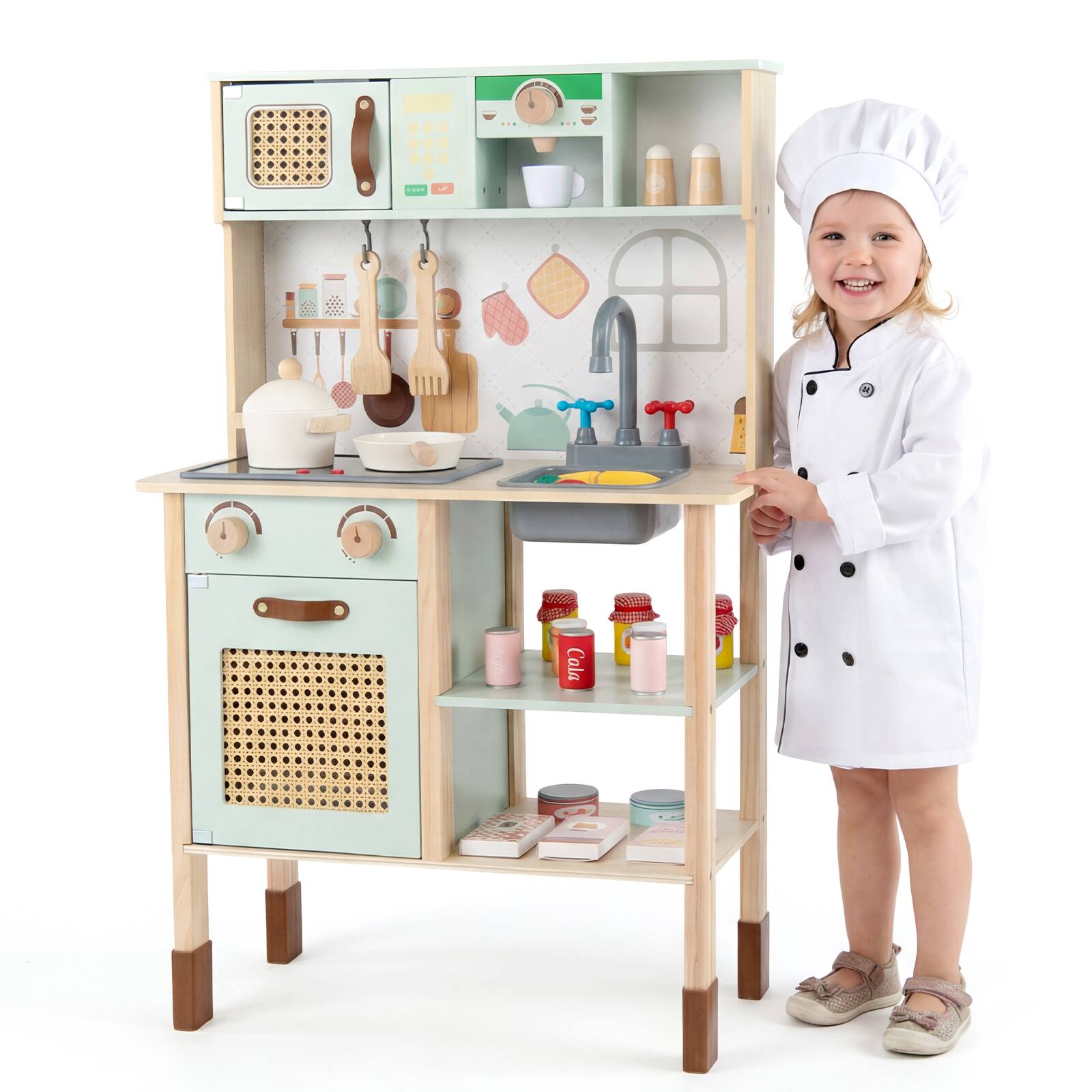 Gymax - Kids Play Kitchen Wooden Pretend Kitchen Playset w/ Rattan Doors Wood Legs - Green price history on PriceWatchPro