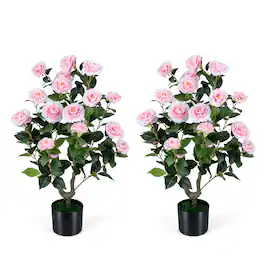 Costway - 2-Pack Artificial Camellia Tree, 35.5" Faux Flower Plant in Cement-Filled Pot - Pink