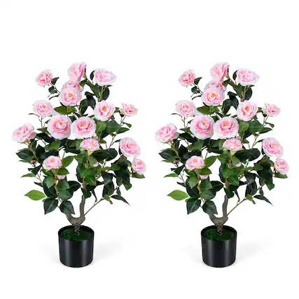 Front. Gymax - Gymax 2-Pack Artificial Camellia Tree 35.5'' Faux Flower Plant in Cement-Filled Pot Pink - Pink.