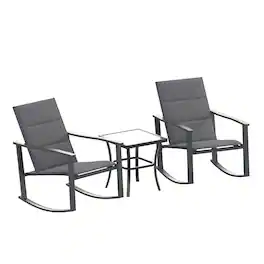 Emma + Oliver - Braelin 3 Piece Outdoor Rocking Chair Patio Set with Flex Comfort Material and Metal Framed Glass Top Table - Black