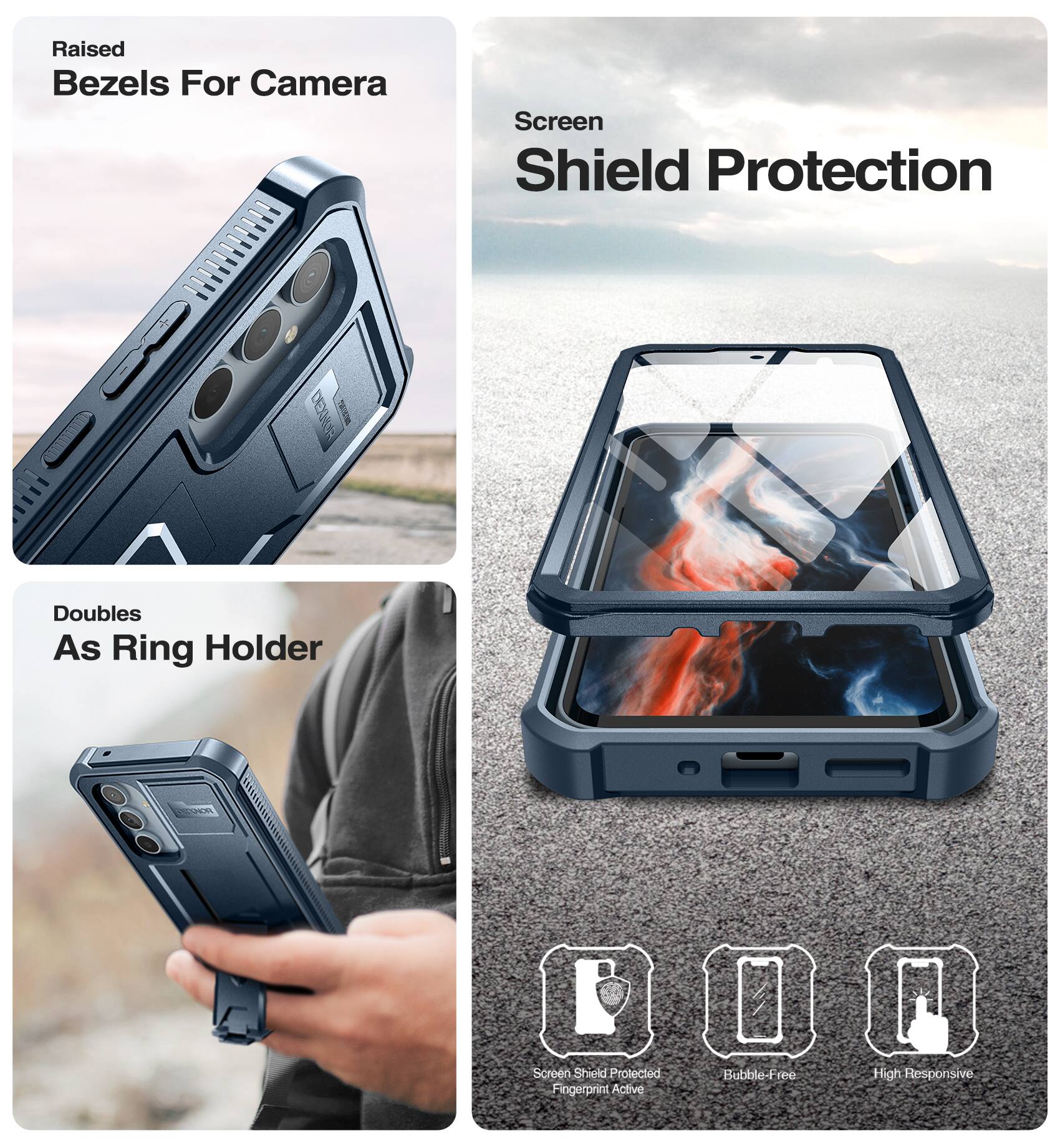 Raised Bezels For Camera  
Screen Shield Protection  
Doubles As Ring Holder  

Screen Shield Protected Fingerprint Active  
Bubble-Free  
High Responsive