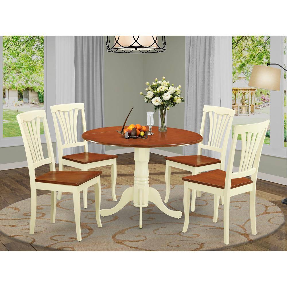 Back. East West Furniture - 5 Pc Dining set-Round Table and 4 Kitchen Chairs - Buttermilk & Cherry.