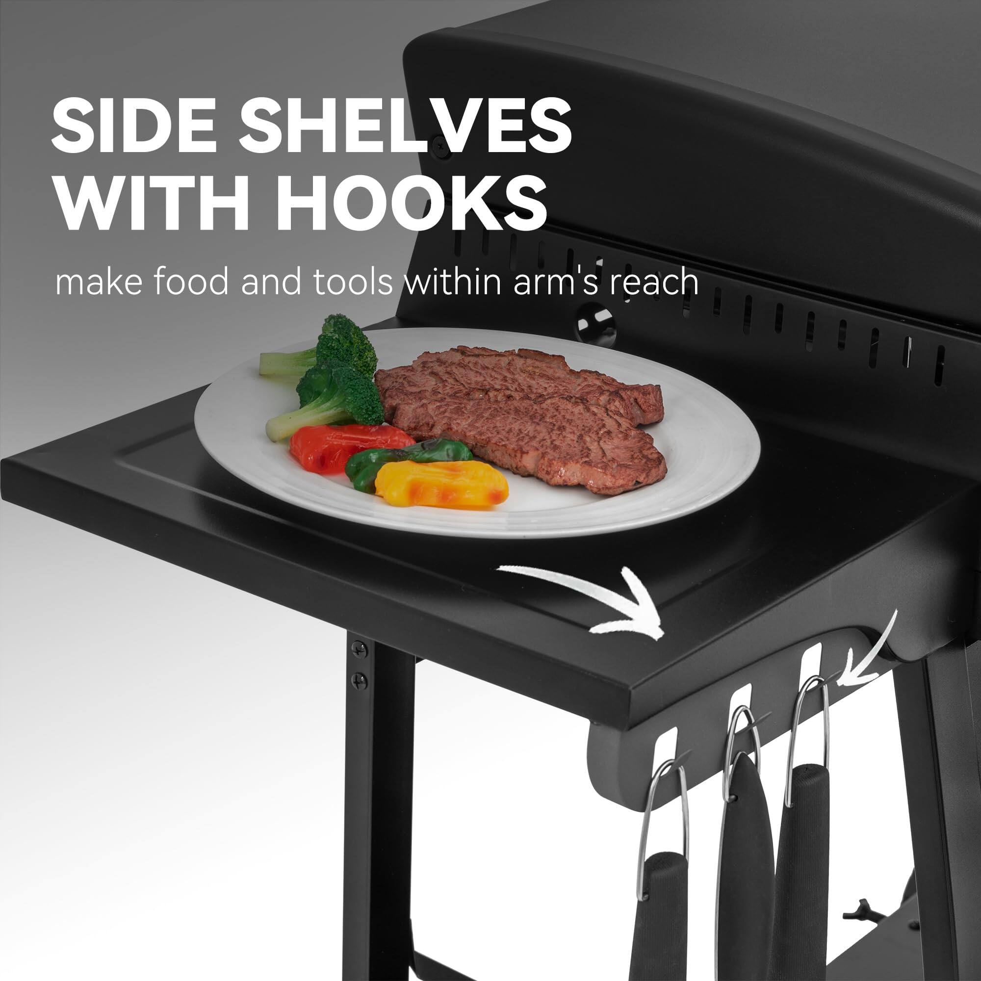 SIDE SHELVES WITH HOOKS  
make food and tools within arm's reach