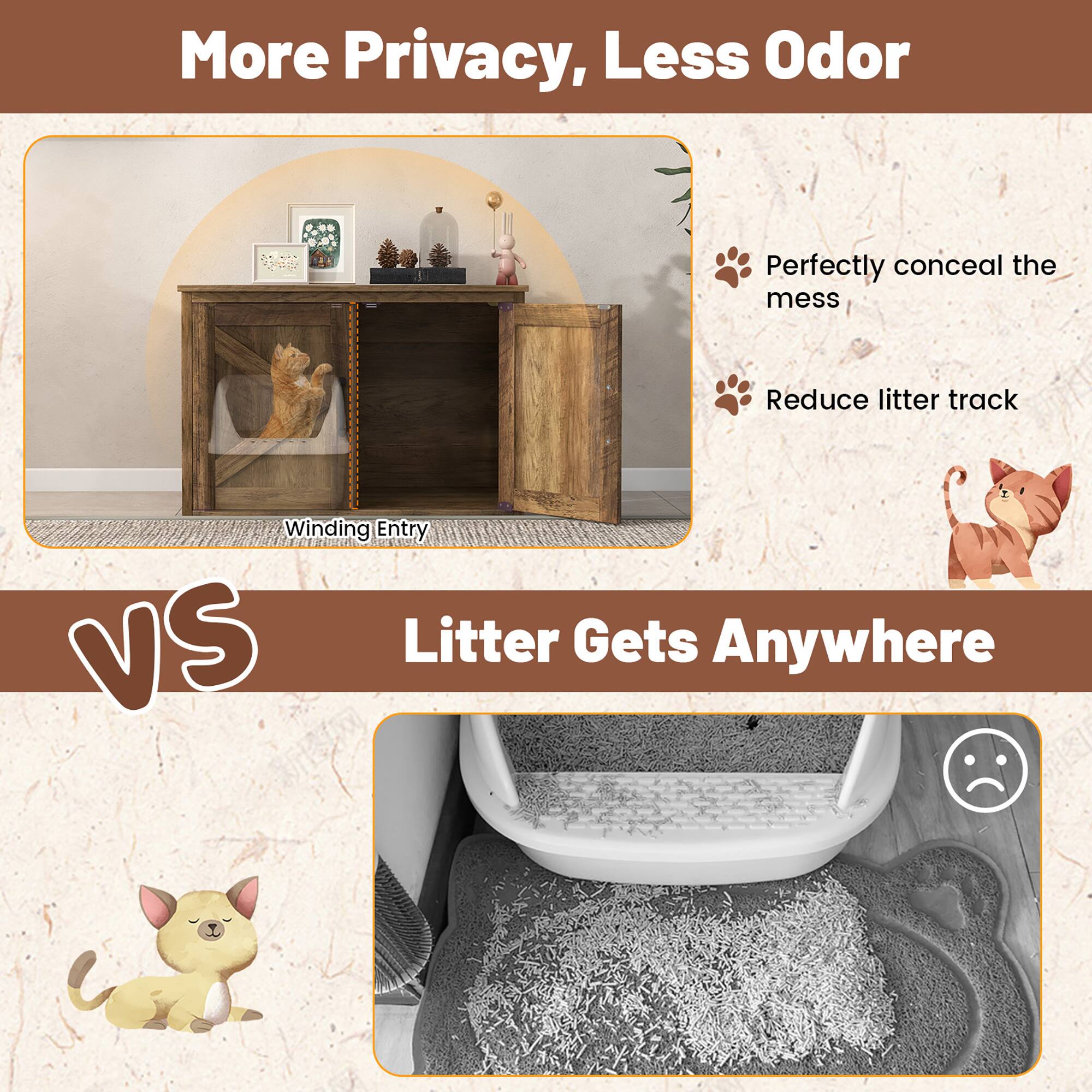 More Privacy, Less Odor

- Winding Entry
- Perfectly conceal the mess
- Reduce litter track

VS

Litter Gets Anywhere
