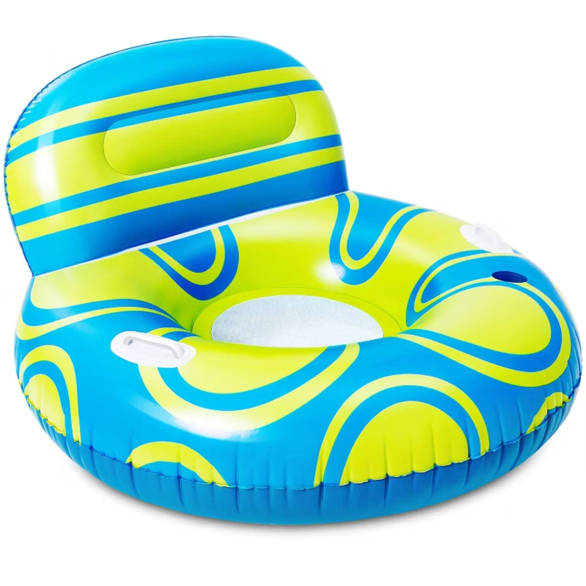 Angle. Joyfy - Inflatable Pool Float Lounger with Big Backrest, Air Sofa Floating Chair with Handle&Cup Holder for Adult (Blue Yellow).