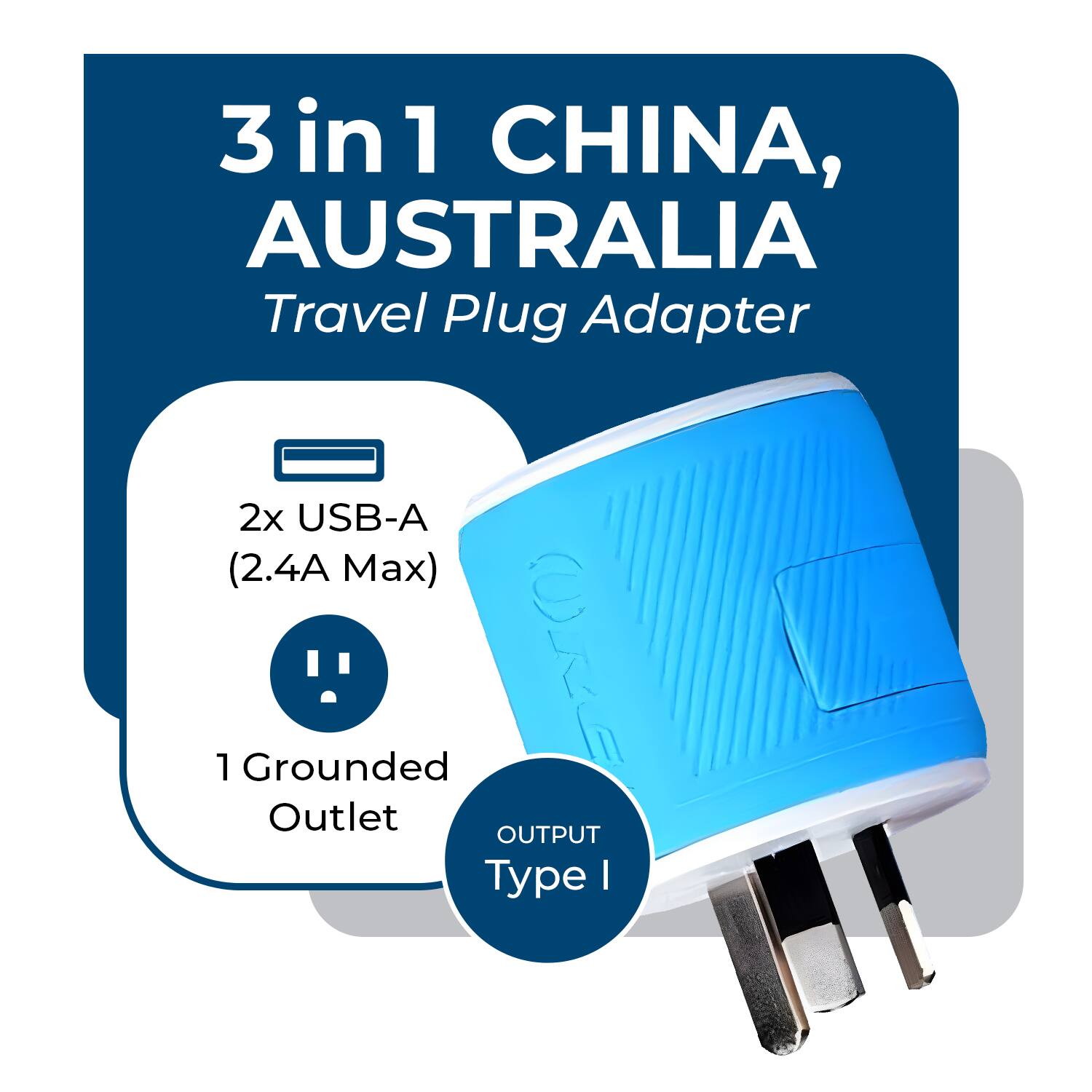 3 in 1 CHINA, AUSTRALIA  
Travel Plug Adapter  

2x USB-A (2.4A Max)  
1 Grounded Outlet  

OUTPUT Type I