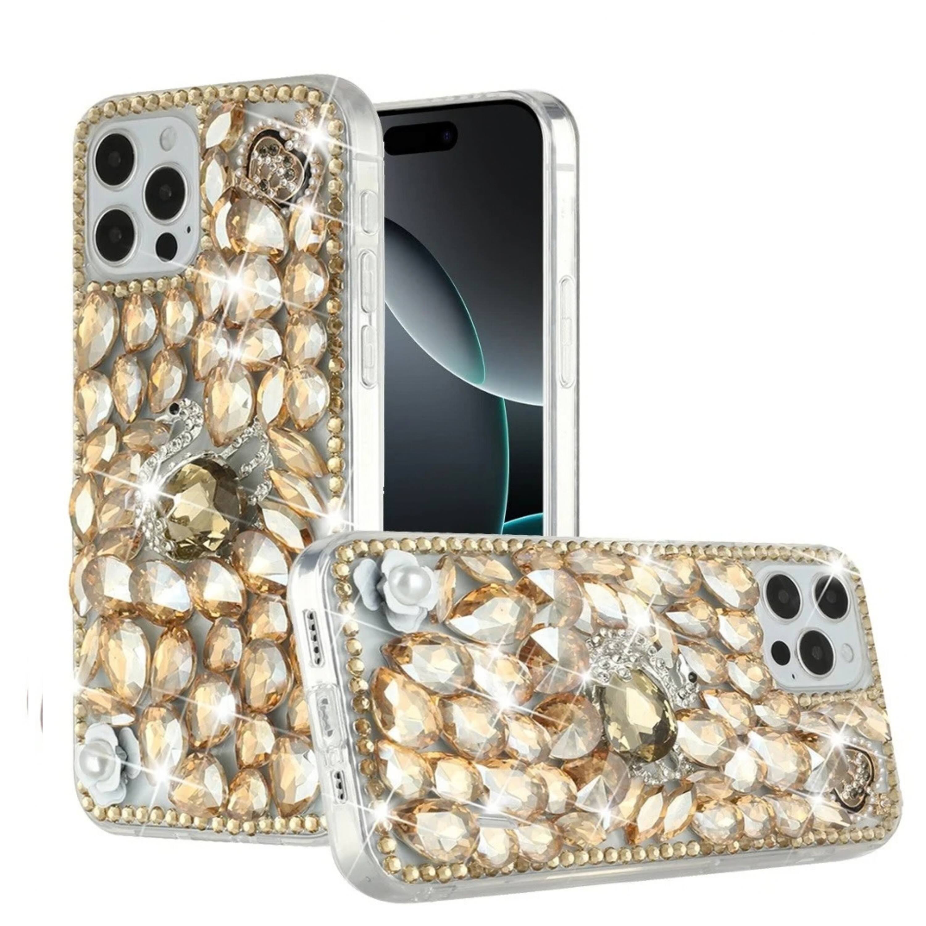 Front. Kitcheniva - Full Diamond 3D Jewel Ornament Phone Case With Tempered Glass For iPhone 16 Pro Max Gold Pearl - Gold.