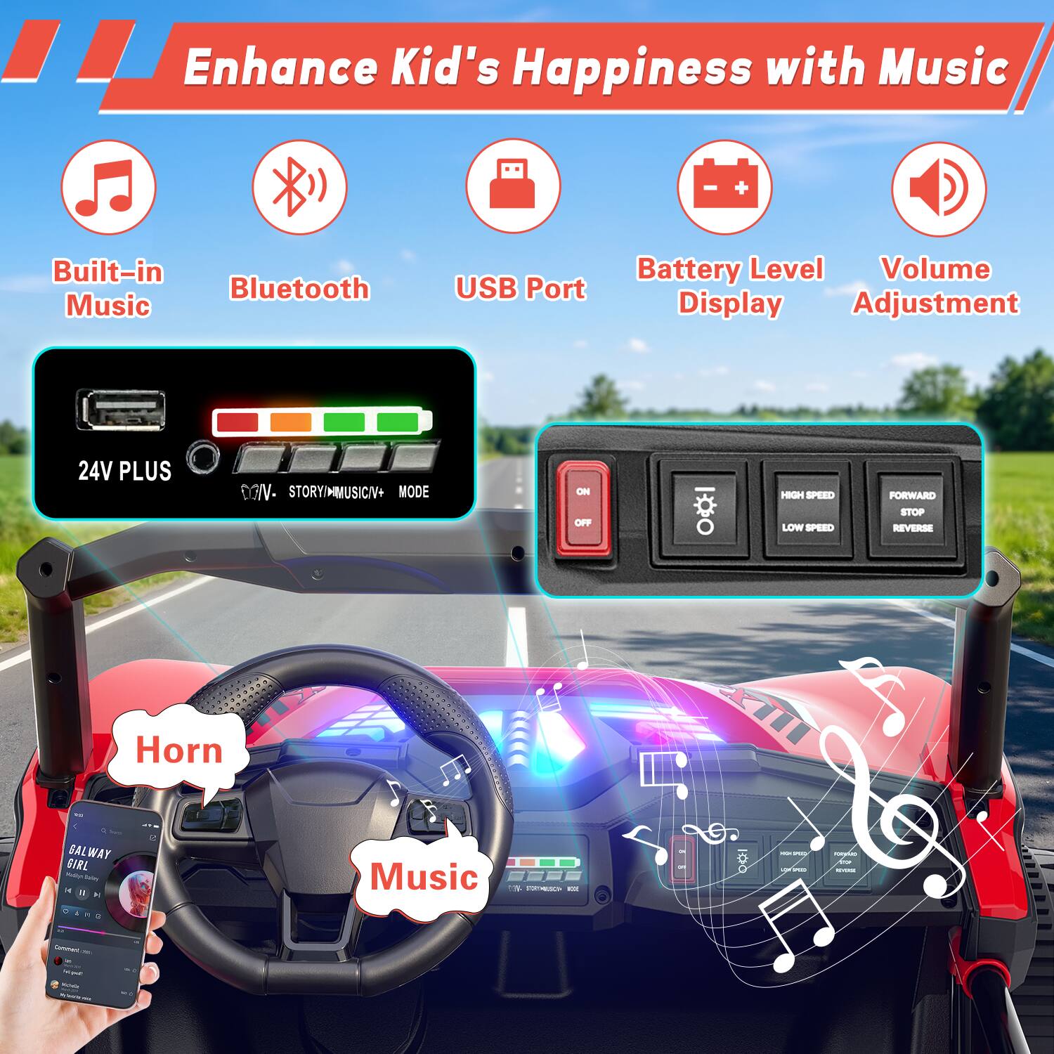 Enhance Kid's Happiness with Music

Built-in Bluetooth Music
Battery Level Volume USB Port Display Adjustment
24V PLUS
DGIV- STORY/MUSIC/CV MODE
ON OFF
HIGH SPEED LOW SPEED
FORWARD STOP REVERSE
Horn
GAL WAY GIRL Adly 1
Music
FORMESCH 
- il CON pricas
- ------
Connent = MASH -