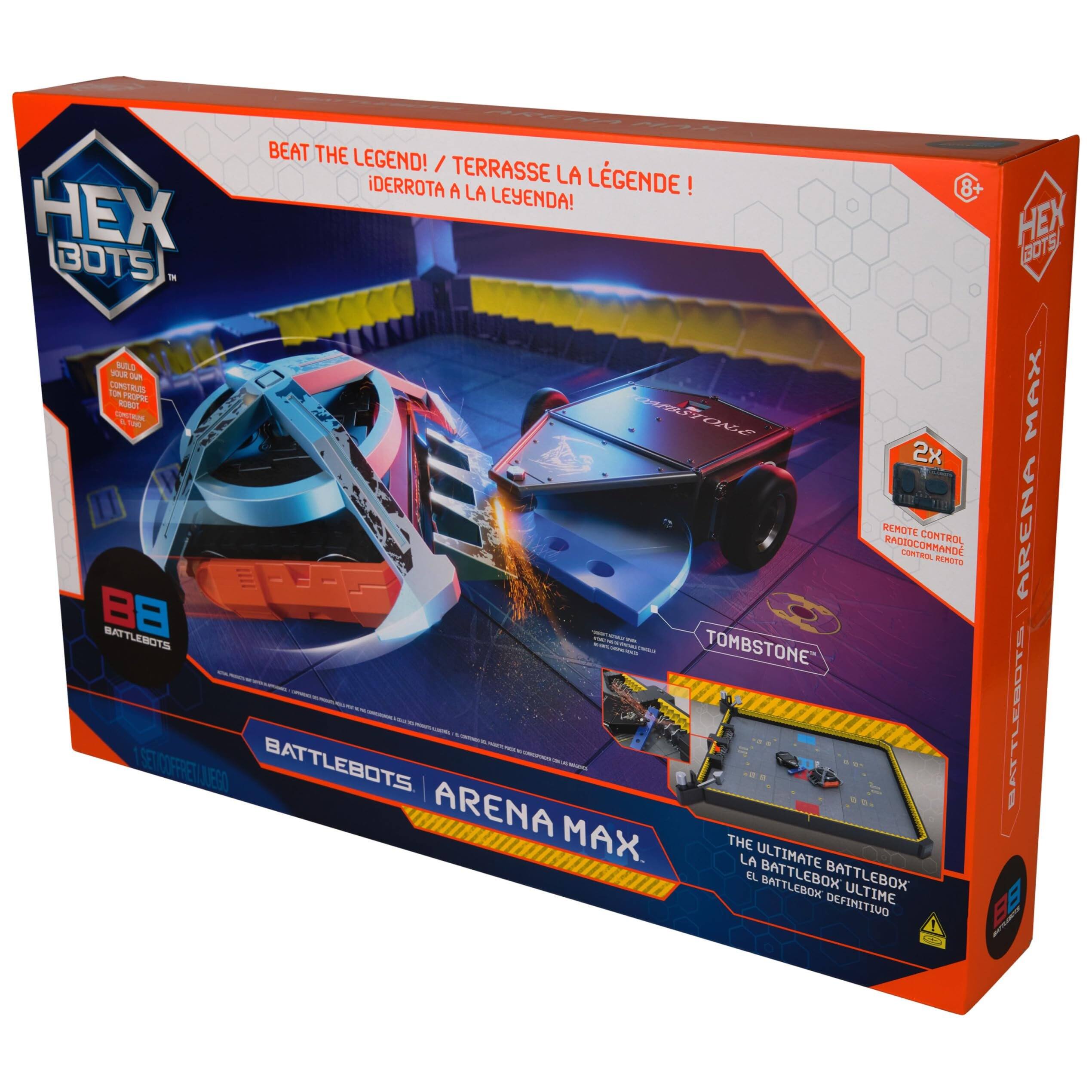 BEAT THE LEGEND! / TERRASSE LA LÉGENDE! ¡DERROTA A LA LEYENDA!  
8 X HEX BOTS!  
3 OTS - sa - cn com  
COMSTRUE CE - m - - CE MAX  
2x REMOTE CONTROL  
RADIO COMMAND  
PRUTE ARENA 8 WAT TLEECTS - TOMBSTONE - - - - - -  
SATTLEBOTS - - - - - -  
SE M OUFFIET BATTLEBOTS  
JESD ARENA MAX THE LA ULTIMATE EL BATTLEBOX  
MOB3JTA BATTLEBOX DEFIMITIVO ULTIME EB  

BATTLEBOTS ARENA MAX  
THE ULTIMATE BATTLEBOX  
LA BATTLEBOX ULTIMATE  
EL BATTLEBOX DEFINITIVO  

HEX BOTS  
8+