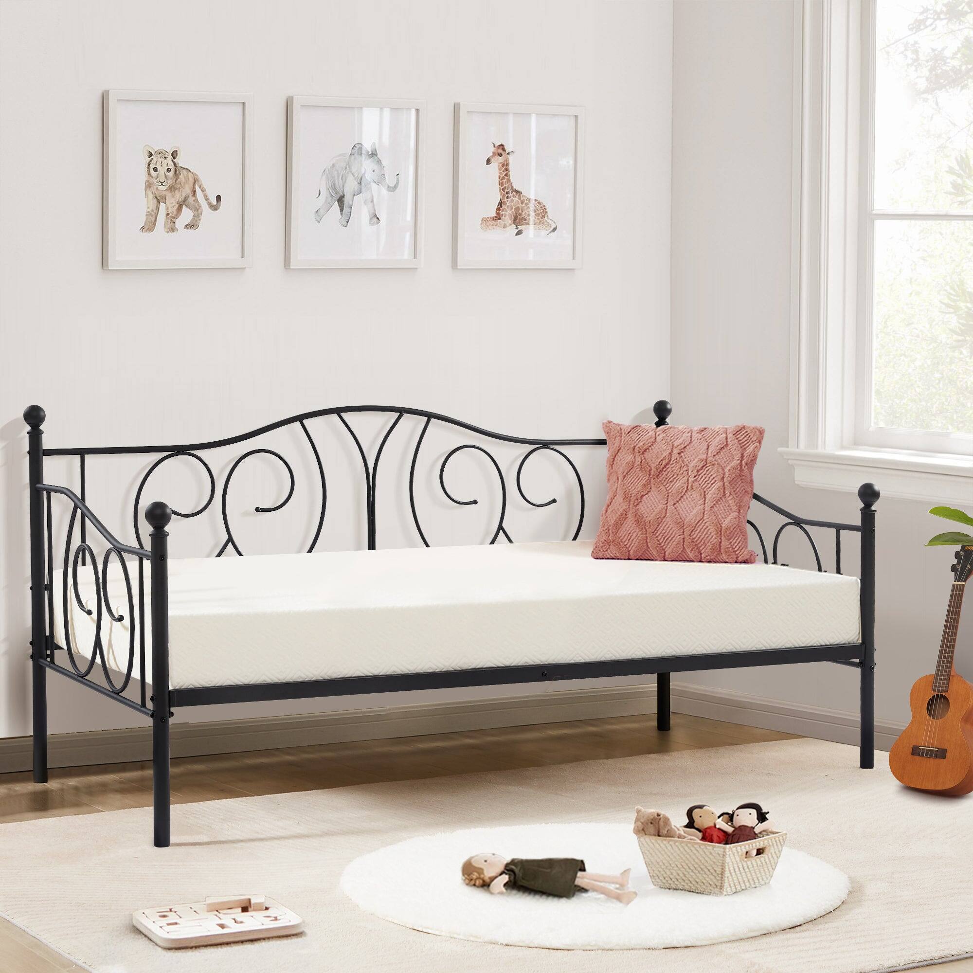 Back. Vecelo - Heavy-Duty Twin Metal Daybed Frame with Storage Space – Sturdy Modern Guest Bed Frame for Bedroom or Living Room - Black.