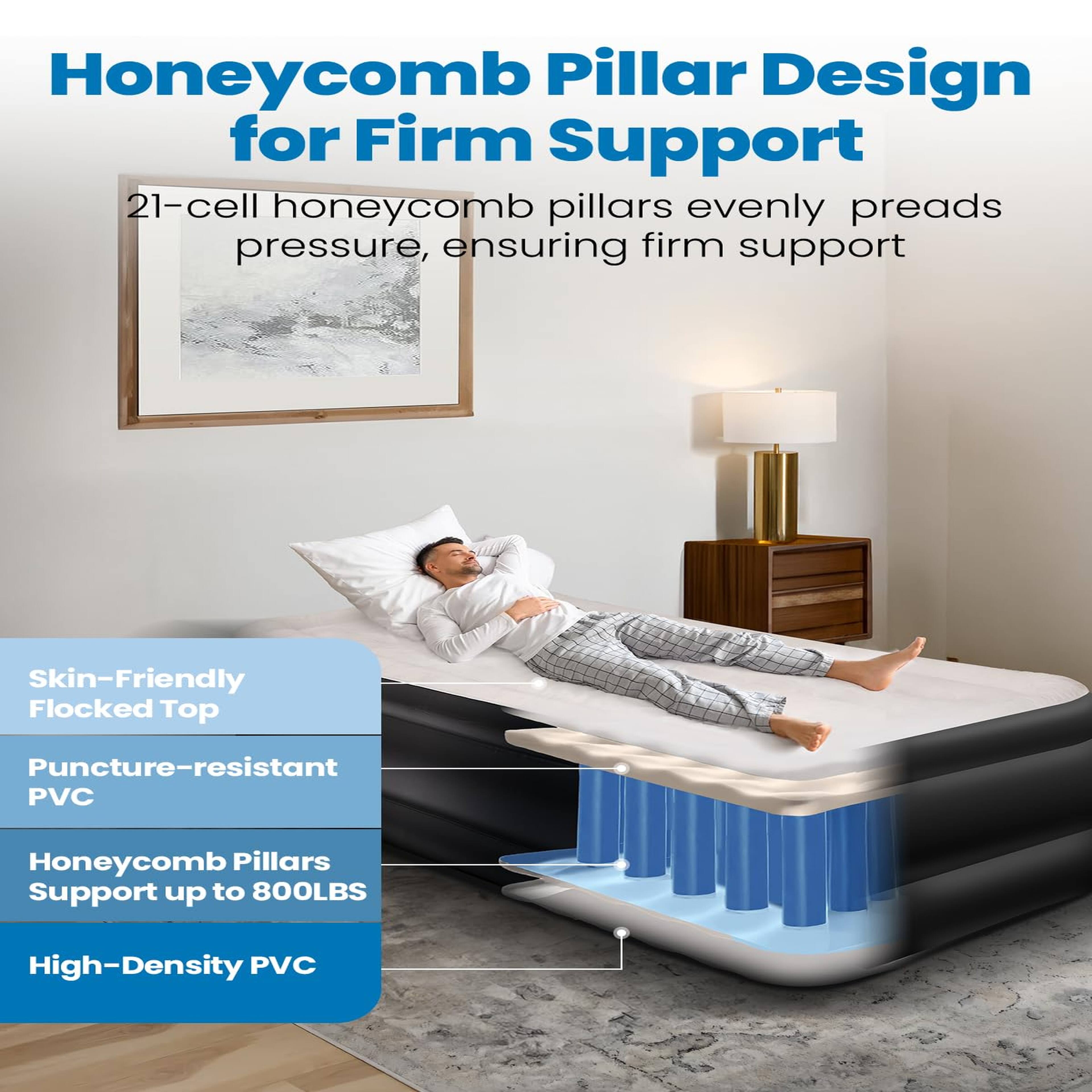 Honeycomb Pillar Design for Firm Support

21-cell honeycomb pillars evenly preads pressure, ensuring firm support

Skin-Friendly Flocked Top

Puncture-resistant PVC

Honeycomb Pillars Support up to 800LBS

High-Density PVC
