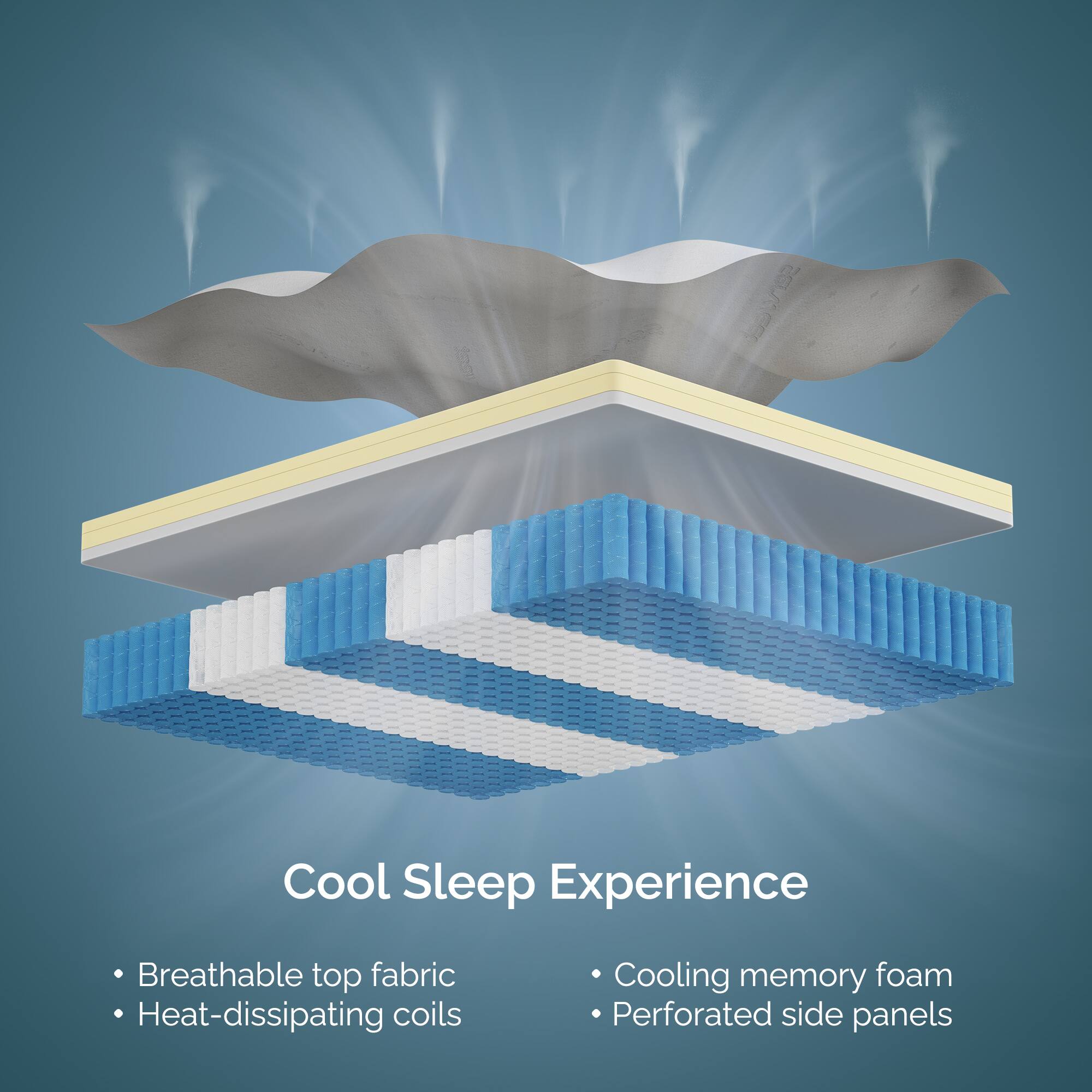 Cool Sleep Experience

- Breathable top fabric
- Heat-dissipating coils
- Cooling memory foam
- Perforated side panels