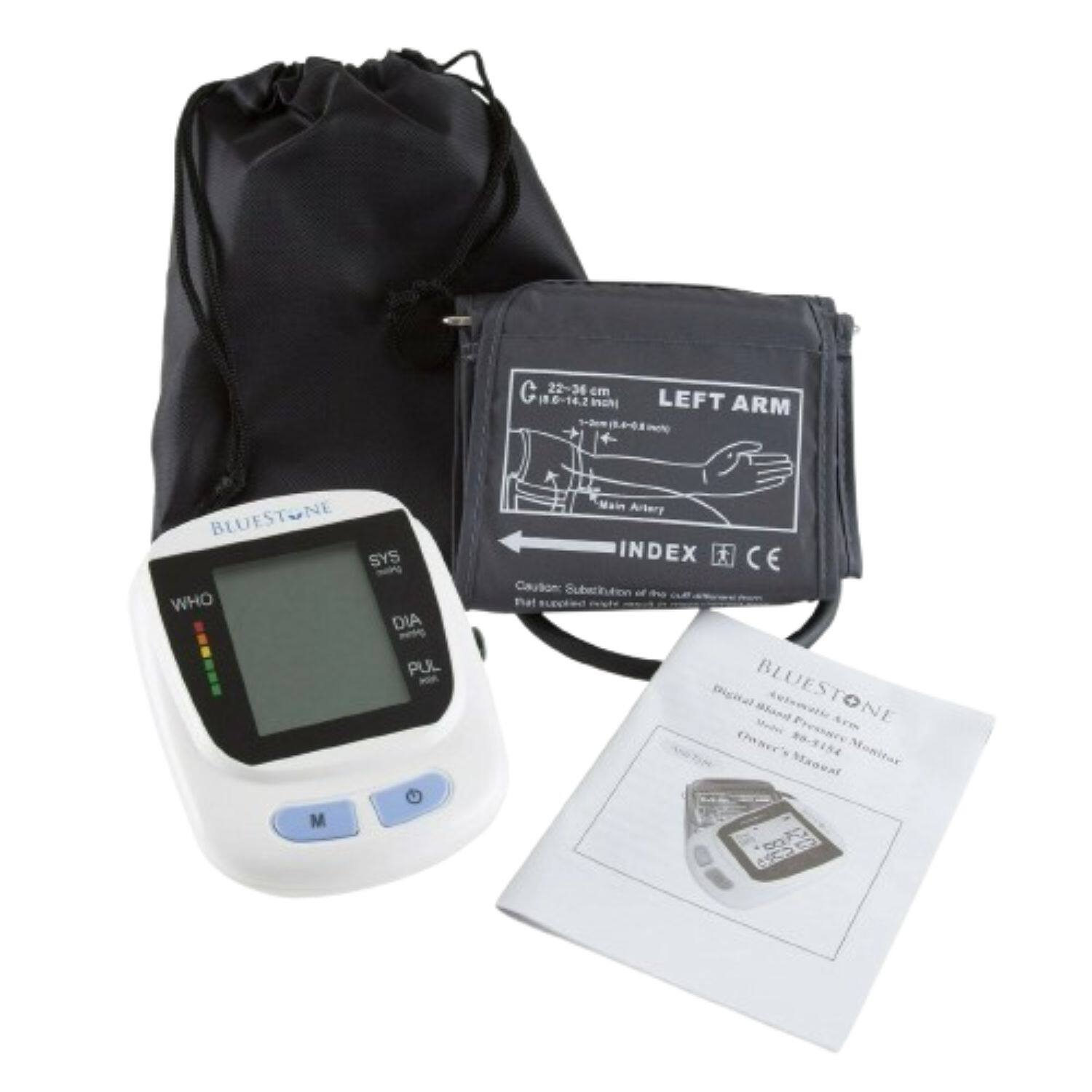 C 22-36 cm (8.6-14.2 in)  
LEFT ARM  
BLUESTONE  
Main Artery  
INDEX  
CE  
Caution: Substitution of the cuff may affect the accuracy of the measurement.  
BLUESTONE  
Digital Blood Pressure Monitor  
Model: BP-3184  
Presser Manual