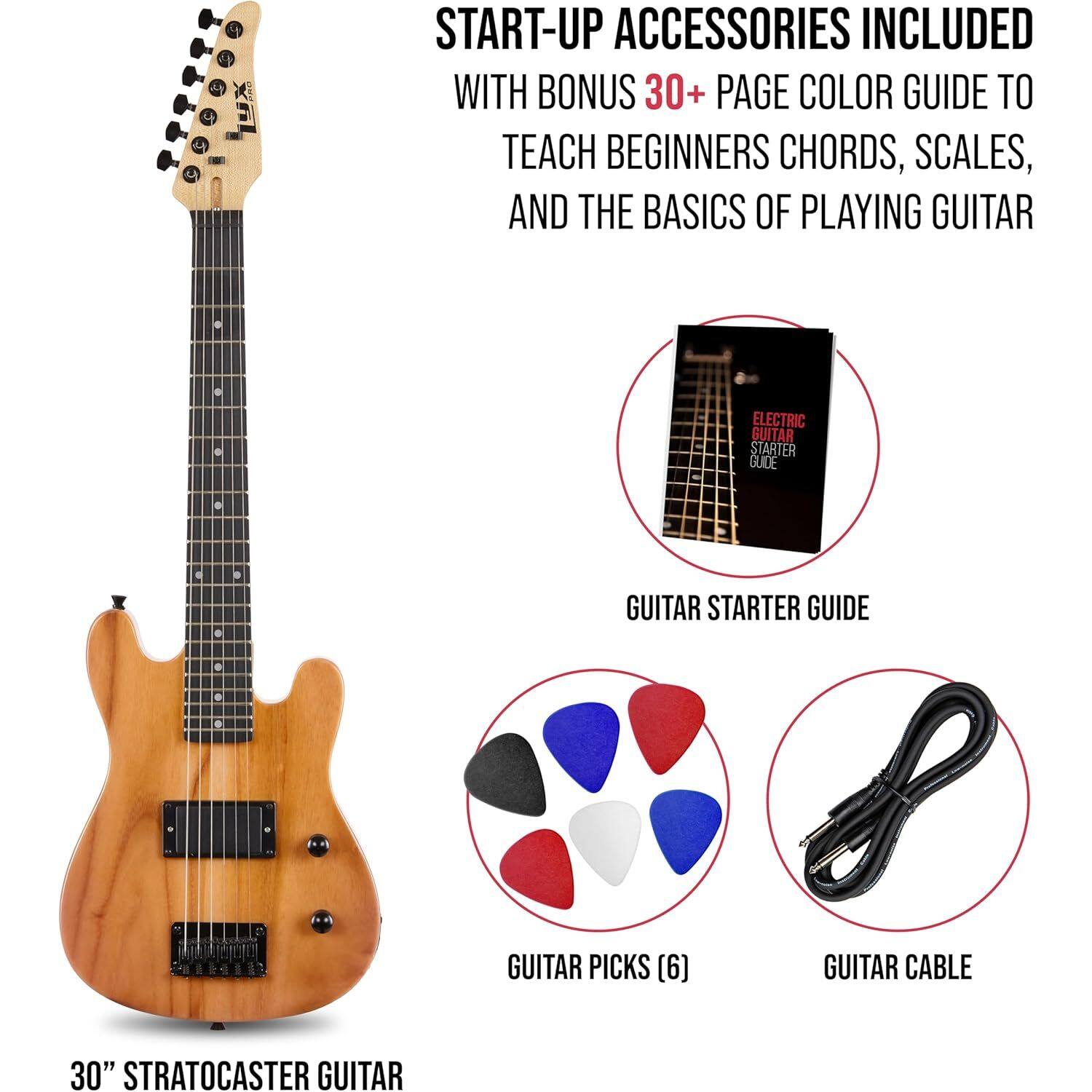 START-UP ACCESSORIES INCLUDED WITH BONUS 30+ PAGE COLOR GUIDE TO TEACH BEGINNERS CHORDS, SCALES, AND THE BASICS OF PLAYING GUITAR

- GUITAR STARTER GUIDE
- GUITAR PICKS (6)
- GUITAR CABLE
- 30" STRATOCASTER GUITAR