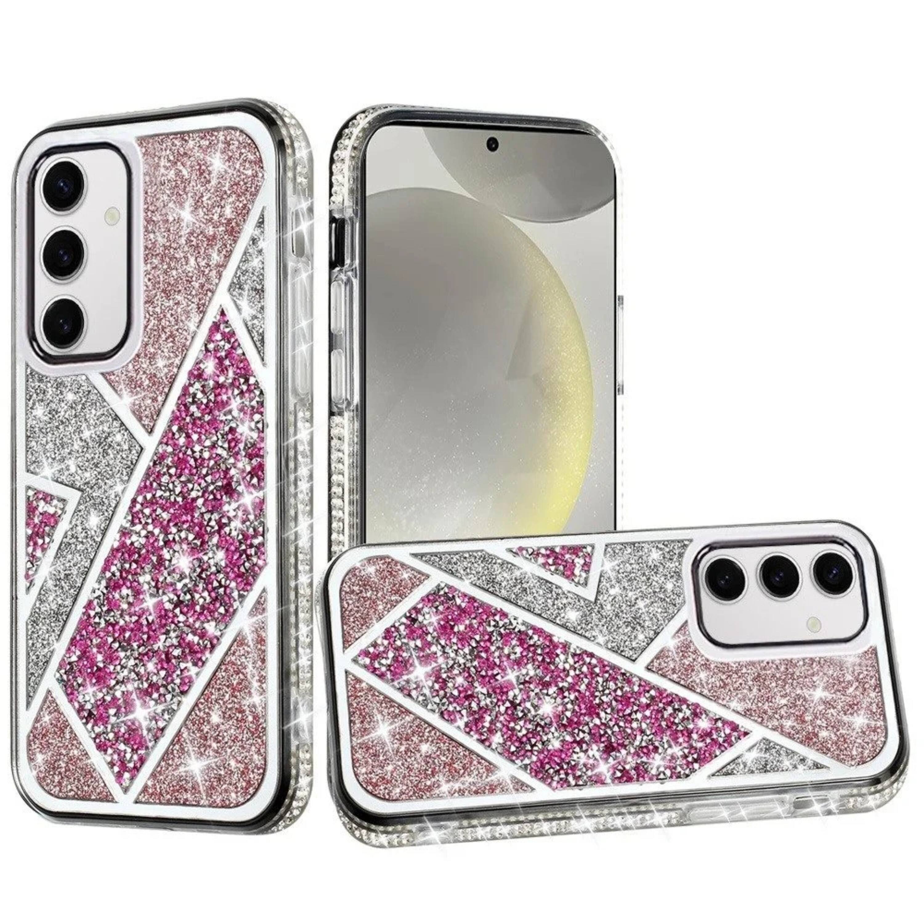 Front. Kitcheniva - Rhombus Bling Glitter Diamond Phone Case With Tempered Glass For Samsung S25 Plus S24 Plus Rose Pink - Pink.