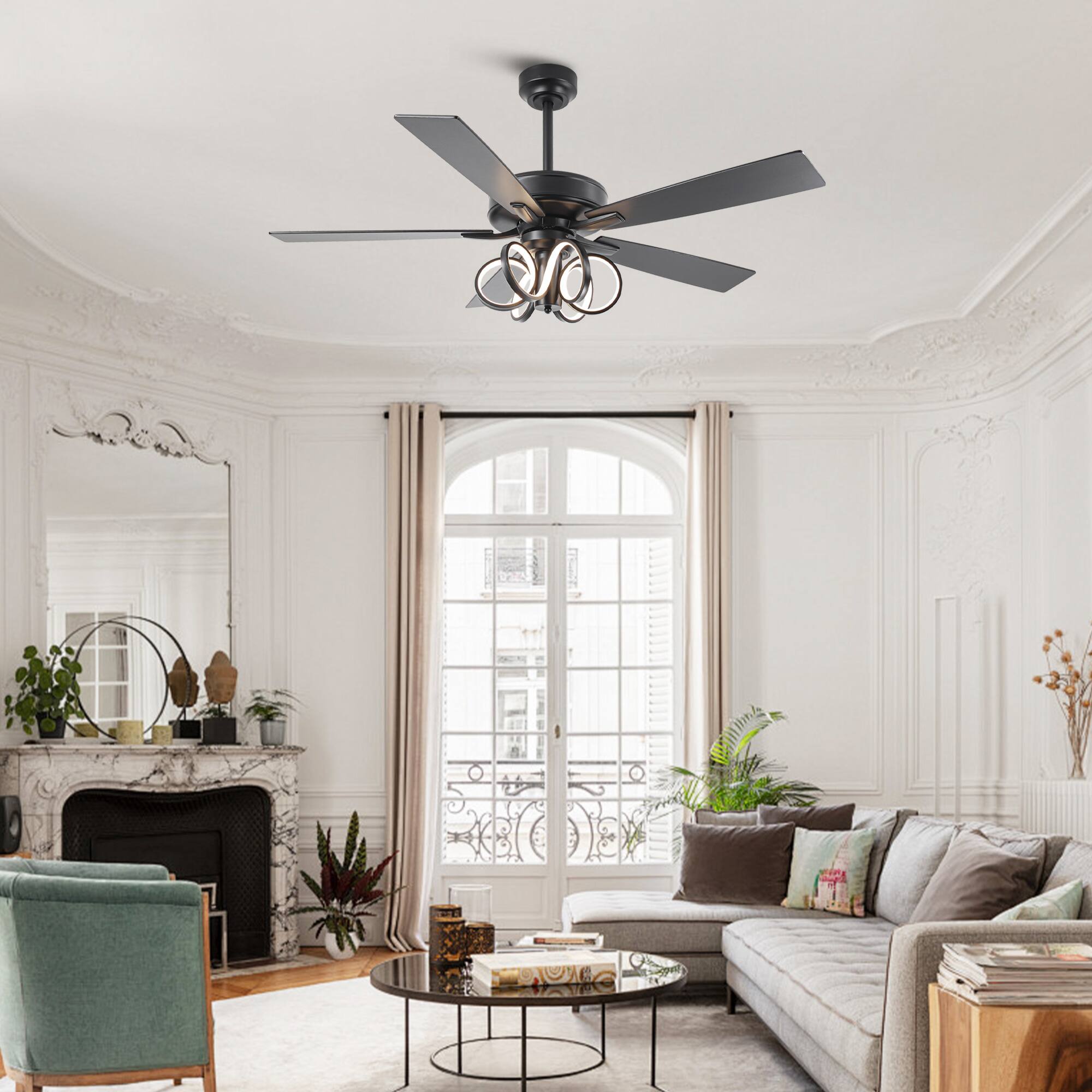 Angle. Parrot Uncle - 52-inch Modern Black Indoor LED Ceiling Fan with Remote Control - Black.