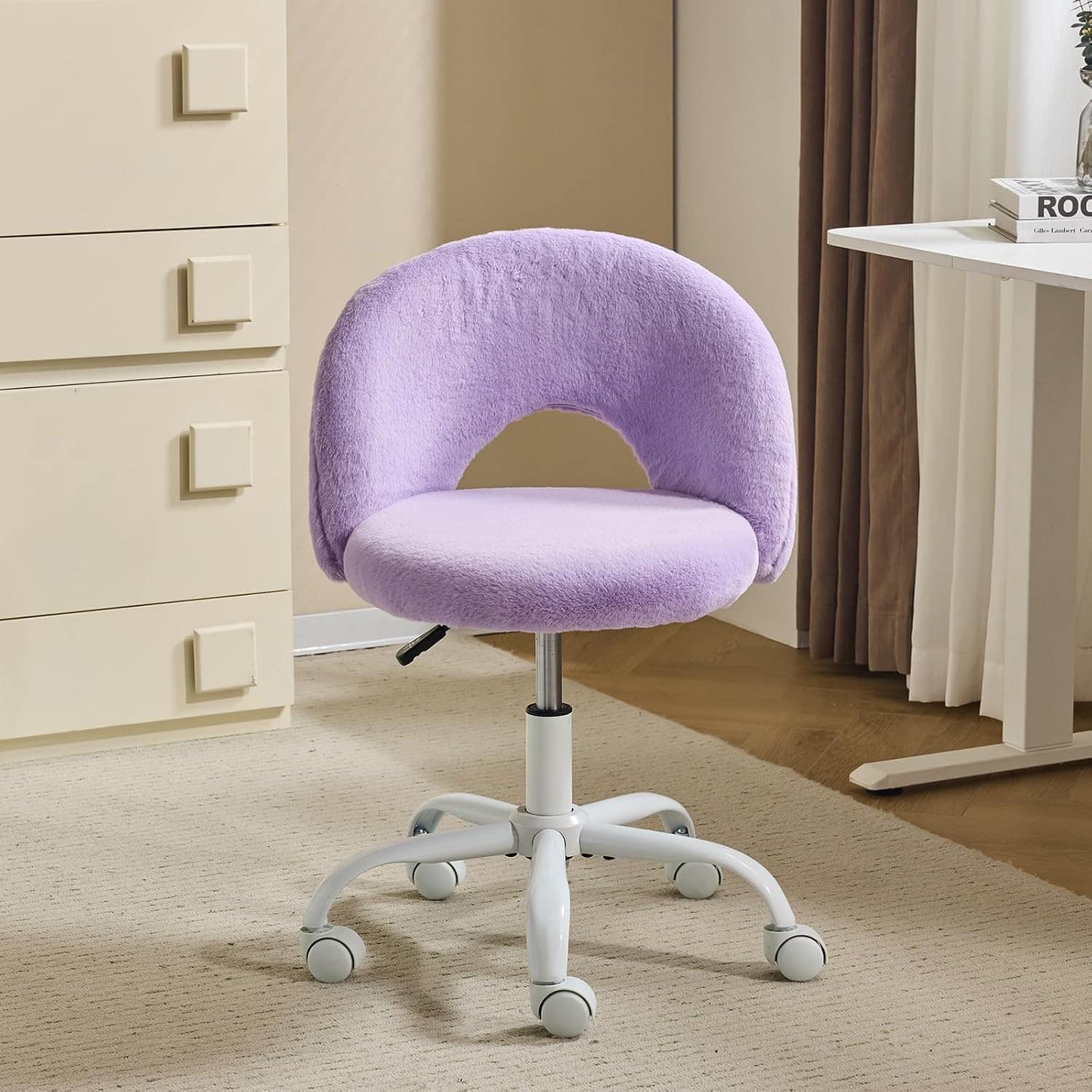 Winado - Small Vanity Chair with Wheels for Girls Cute Adjustable Height Armless Office Desk Chair 360°Swivel Comfy Rolling Chair - Furry Purple