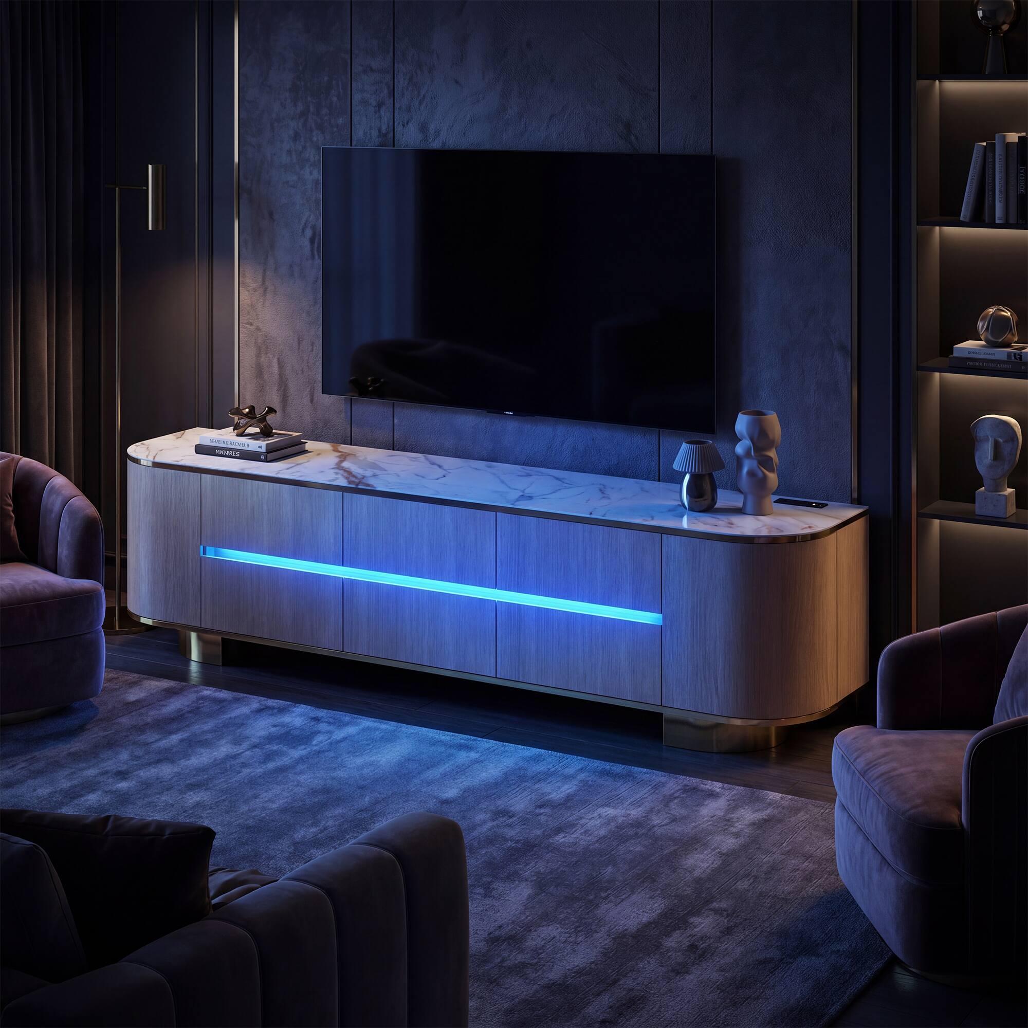 Left. Famapy - Luxury TV Stand with Smart LED Lights & Power Outlets, 82.7" Marble Top Media Console for Living Room - Walnut.
