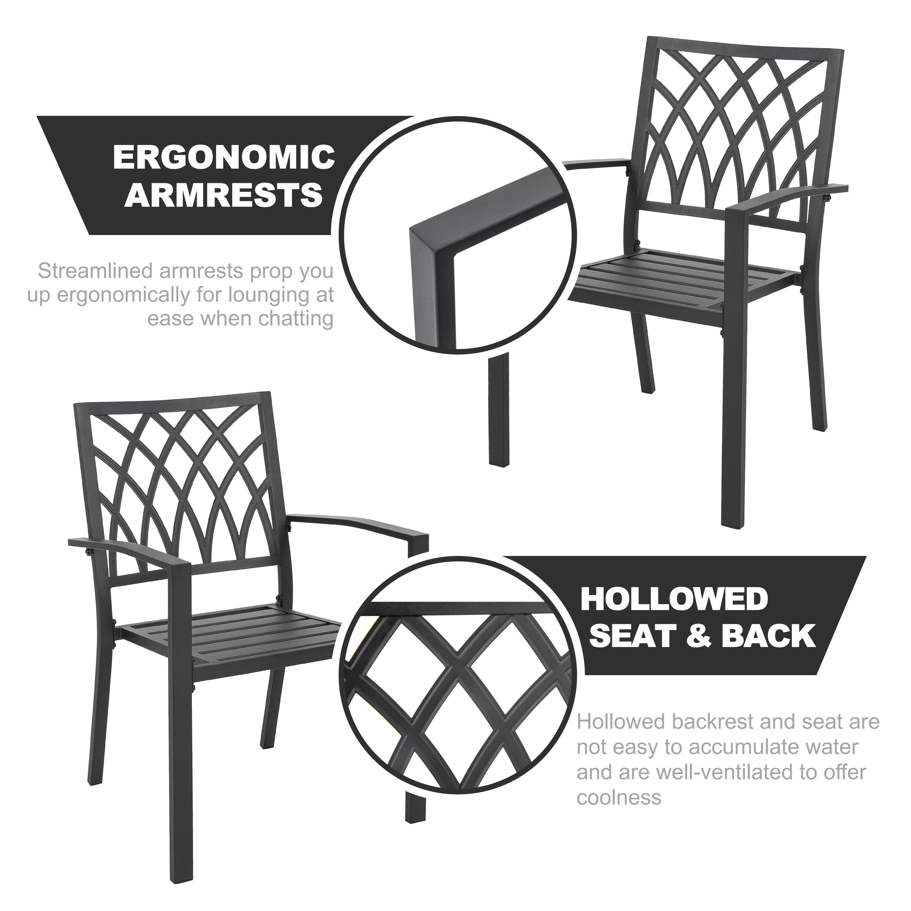ERGONOMIC ARMRESTS  
Streamlined armrests prop you up ergonomically for lounging at ease when chatting  

HOLLOWED SEAT & BACK  
Hollowed backrest and seat are not easy to accumulate water and are well-ventilated to offer coolness